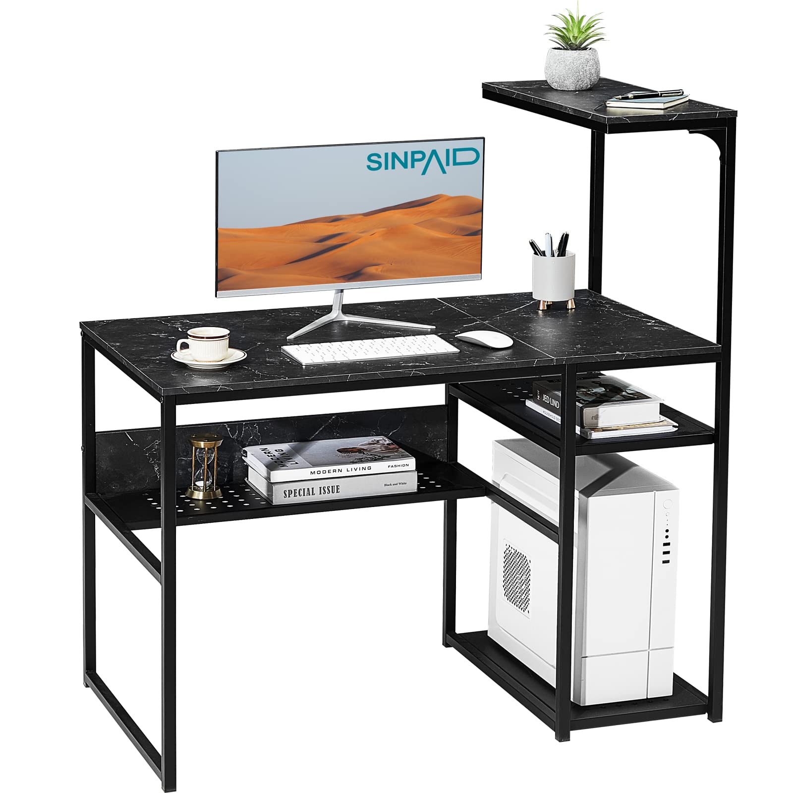 SINPAID Computer Desk with 4 Tiers Shelves,40inch Reversible Storage Bookshelf,Small Space Learning and Writing Home Desk,Contemporary Desk,Space Saving and Easy Installation(Marble,Black)