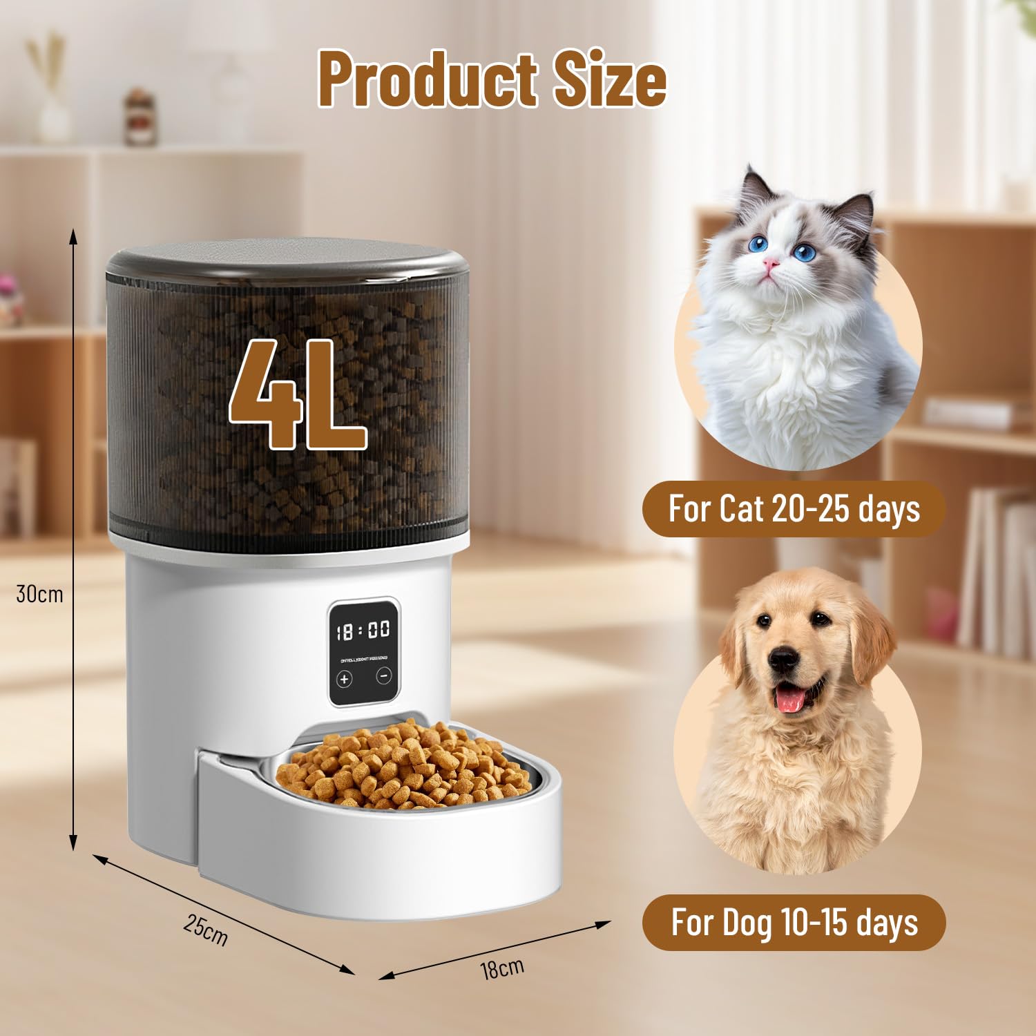 Distributore Automatico Cibo per Gatti e Cani 4L, Mangiatoia con Timer, 1-6 Pasti al Giorno, Dispenser Crocchette, Alimentatore Intelligente per Animali Domestici (Nero - Basic - 4L)