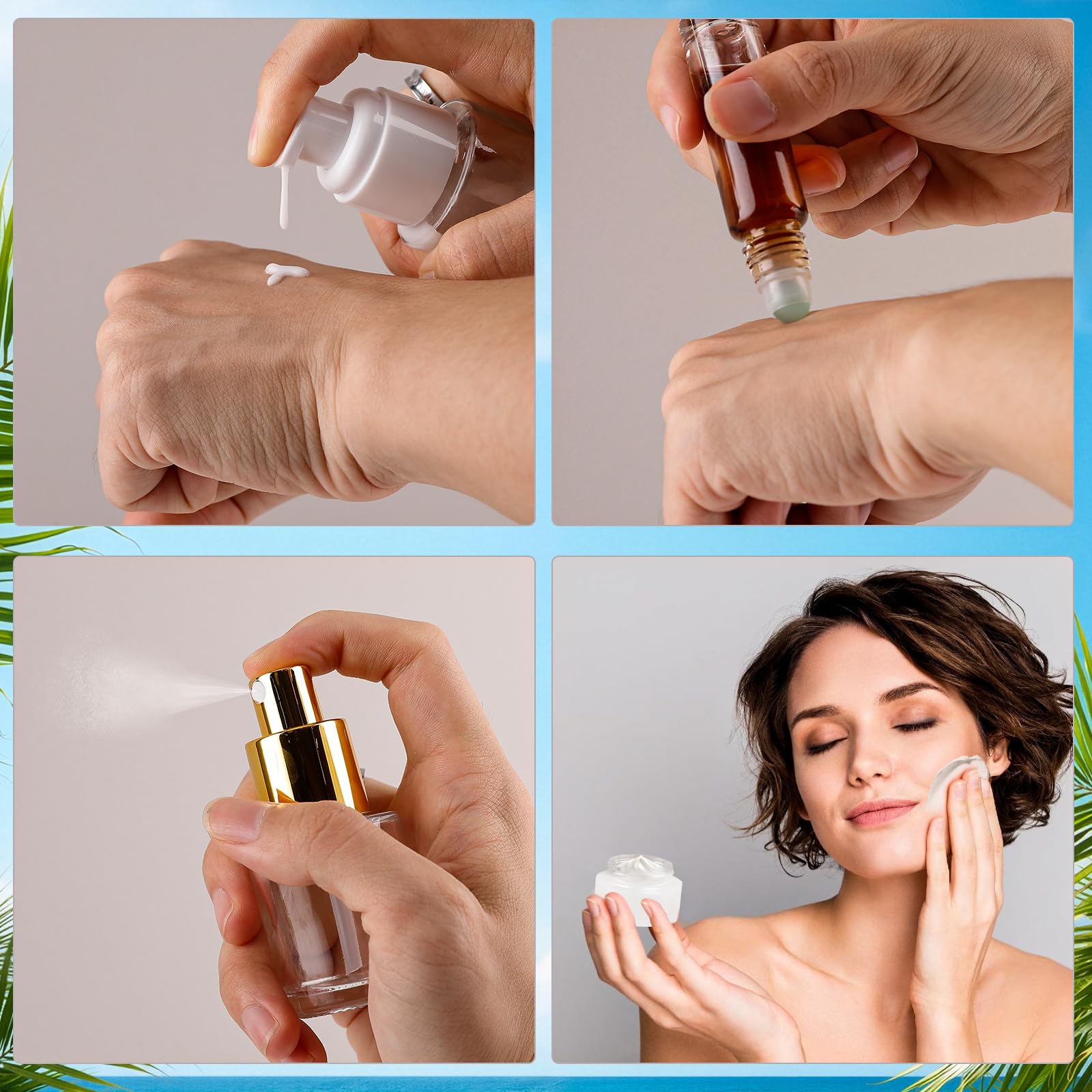 Confezione da 30 contenitori da viaggio in vetro per la cura della pelle, approvati TSA, da 1,3/1/0,7/8,5 g, contenitori da viaggio ricaricabili con pompa, barattoli e bottiglia di olio essenziale, in
