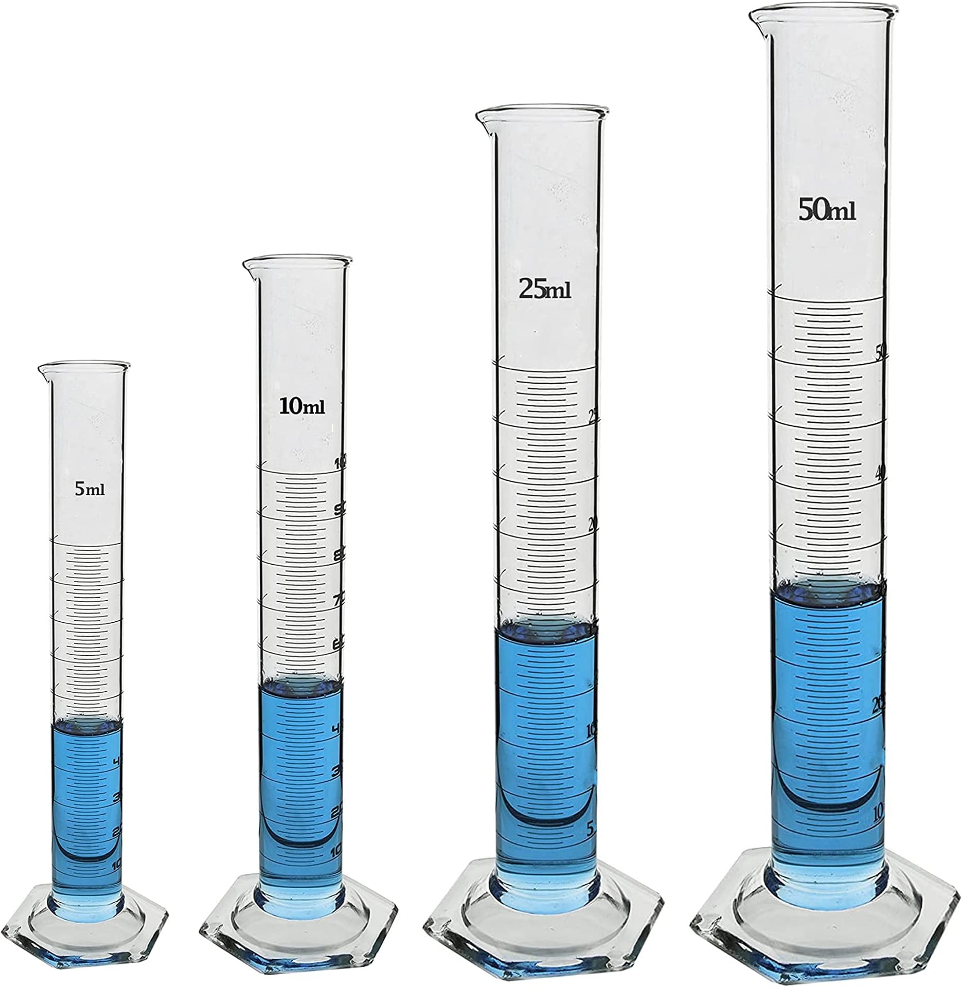 Borosilicate 3.3 Glass Measuring Cylinder 5 ml, 10 ml, 25 ml, 50 ml with Graduation Marks, Set of 4 Measuring Cylinders