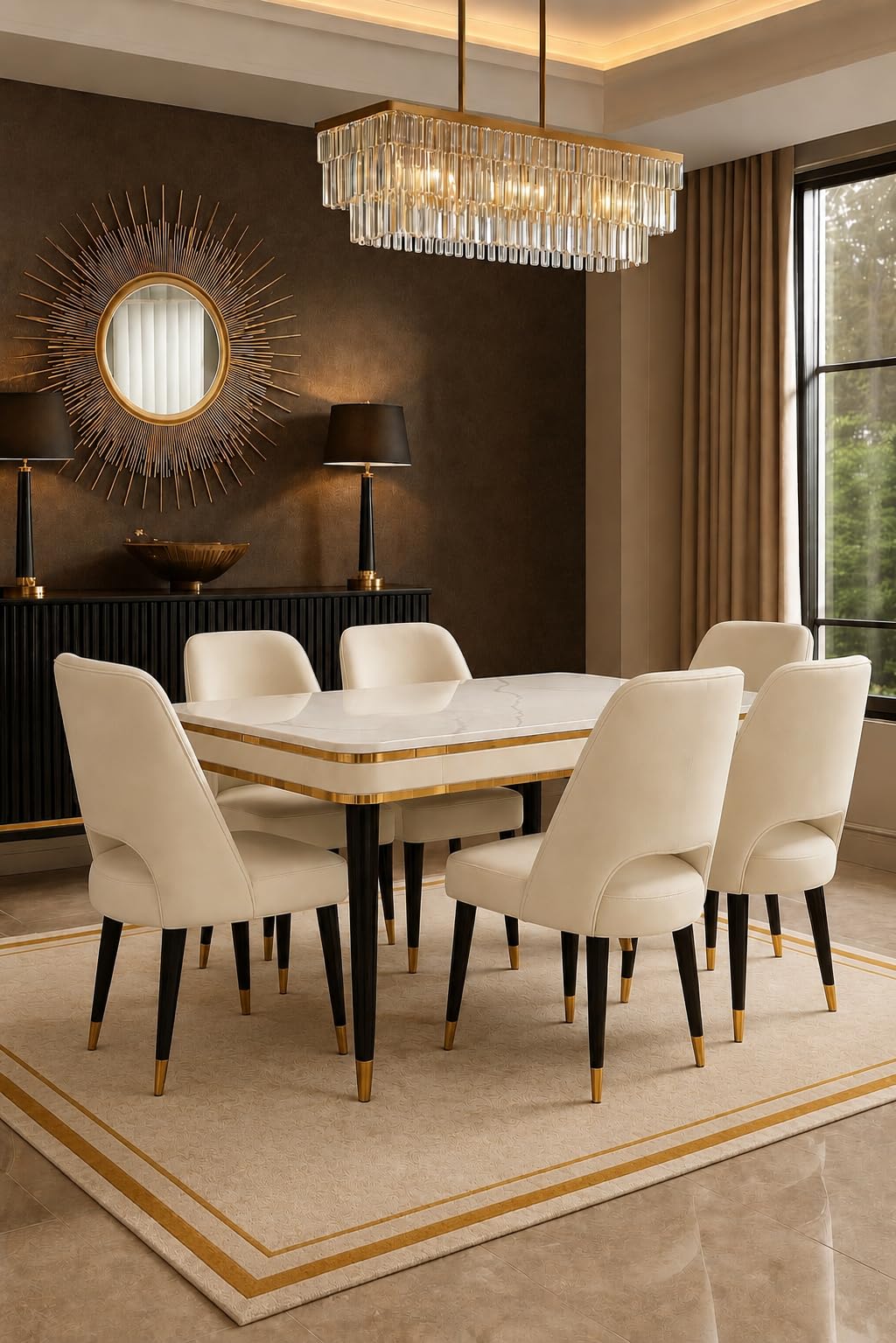 WOODEN SPACE 6-Seater Wooden Dining Table Set | Nano Composite Marble Top | Solid Wood Base | Modern Dining Room Furniture with 6 Chairs (Beige 2)-image-48