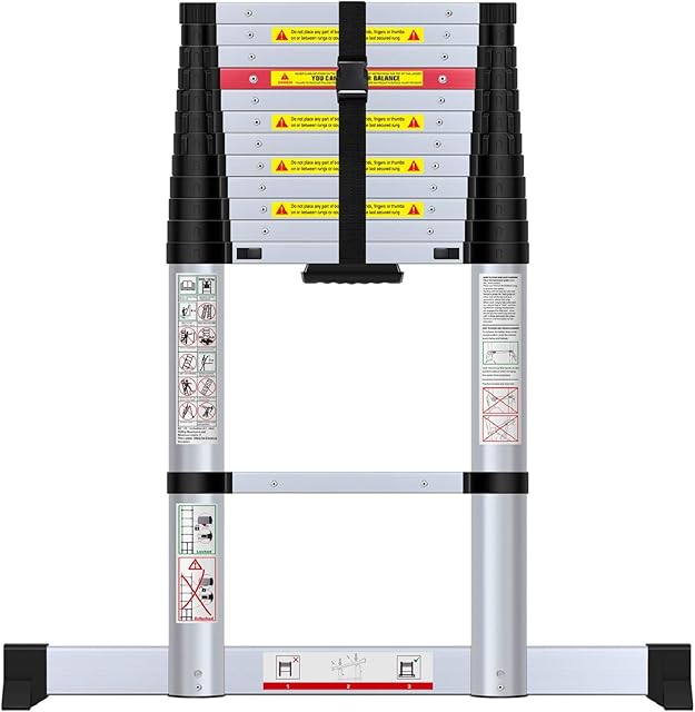 WolfWise 3.8M Telescopic Ladder with Stabiliser Bar, Aluminum Telescopic Extension Tall Multi Purpose Loft Ladder, 330 pound/150 kg Capacity Black