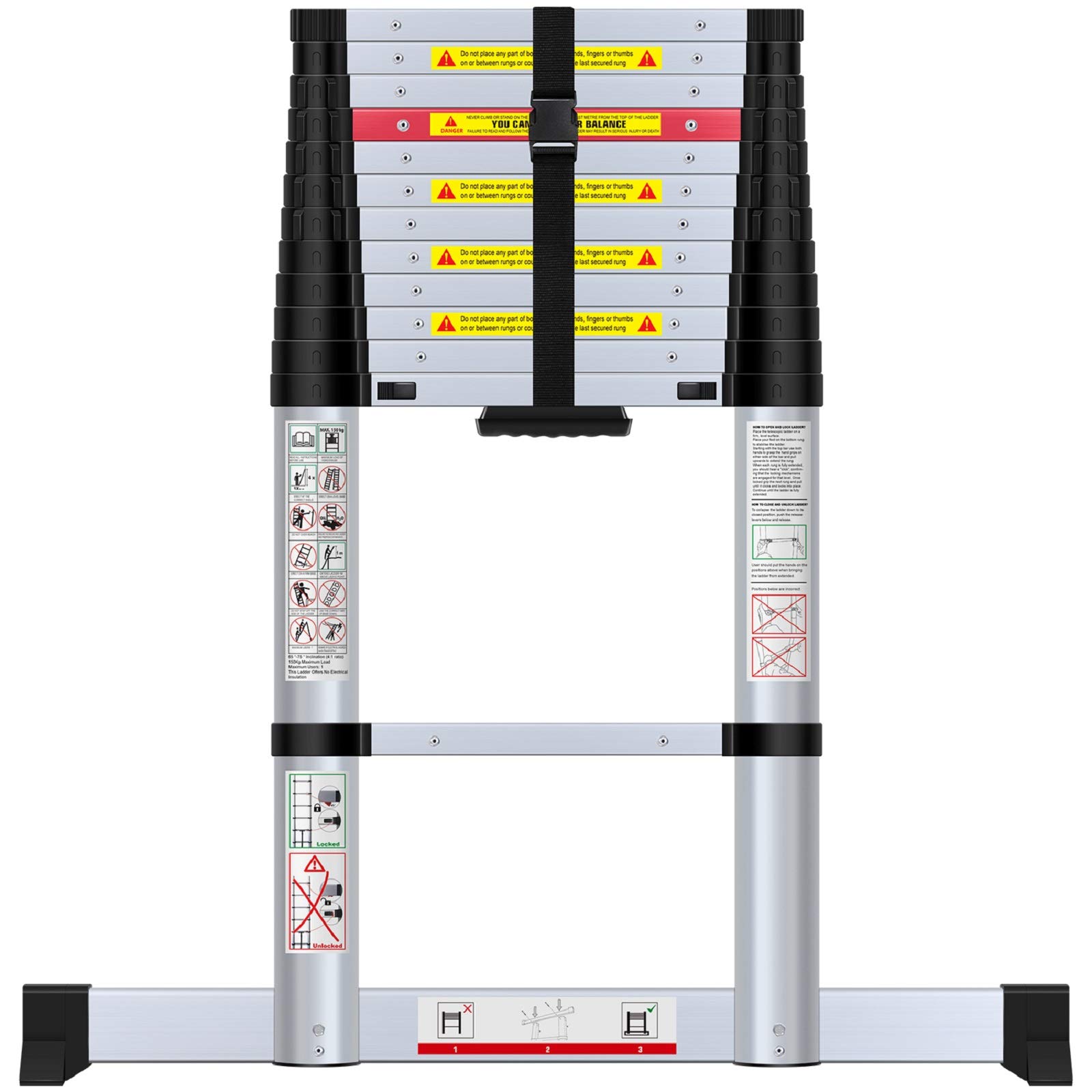 Buy WolfWise 3.8M Telescopic Ladder with Stabiliser Bar, Aluminum