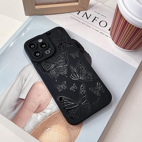 Miniatura 10 de Finyosee Funda compatible con iPhone 12 Mini de 5.4 pulgadas, diseño lindo de flores de mariposa, diseño sólido negro fresco, de silicona suave,