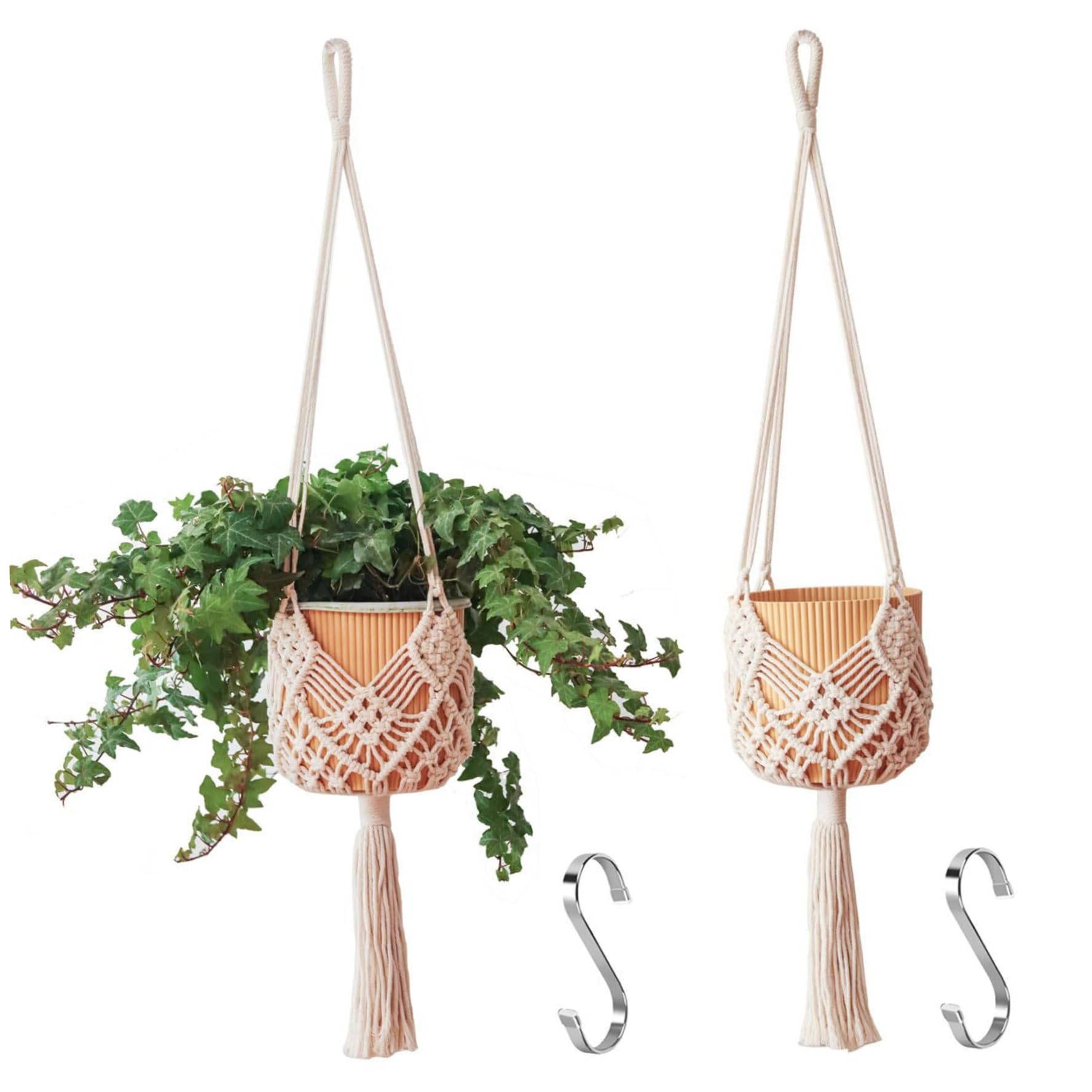 Bemonew White Boho Plant Hanger Macrame Plant Hangers 2Pcs 35 Inch Cotton Rope Weaving Boho Hanger With S-Shaped Hooks Hanging Plants Holder For Home Decor
