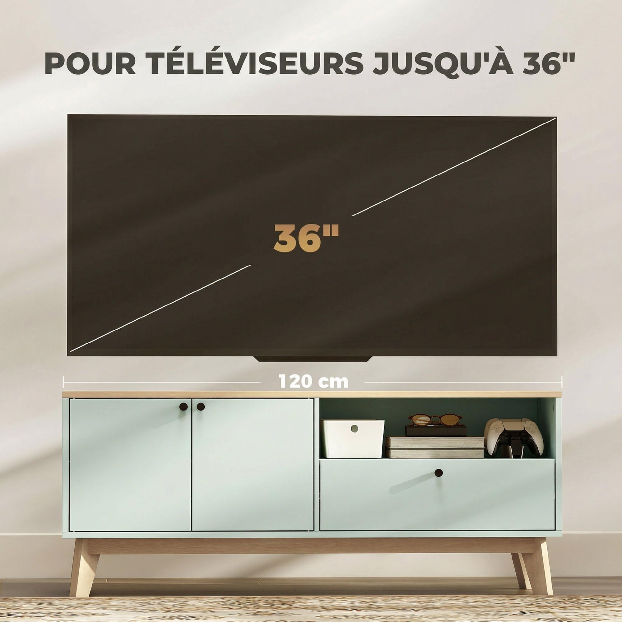 HOMCOM Meuble TV 120 cm pour Téléviseur jusqu'à 36 Pouces Vert Clair