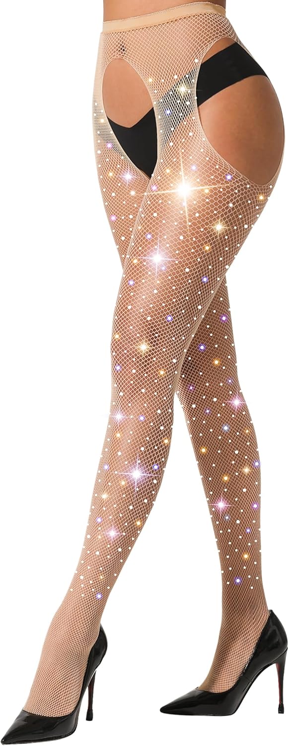 lmotpe Fishnet Stockings for Women Tights Rhinestone Women's Sparkly Stockings High Waist Fishnets