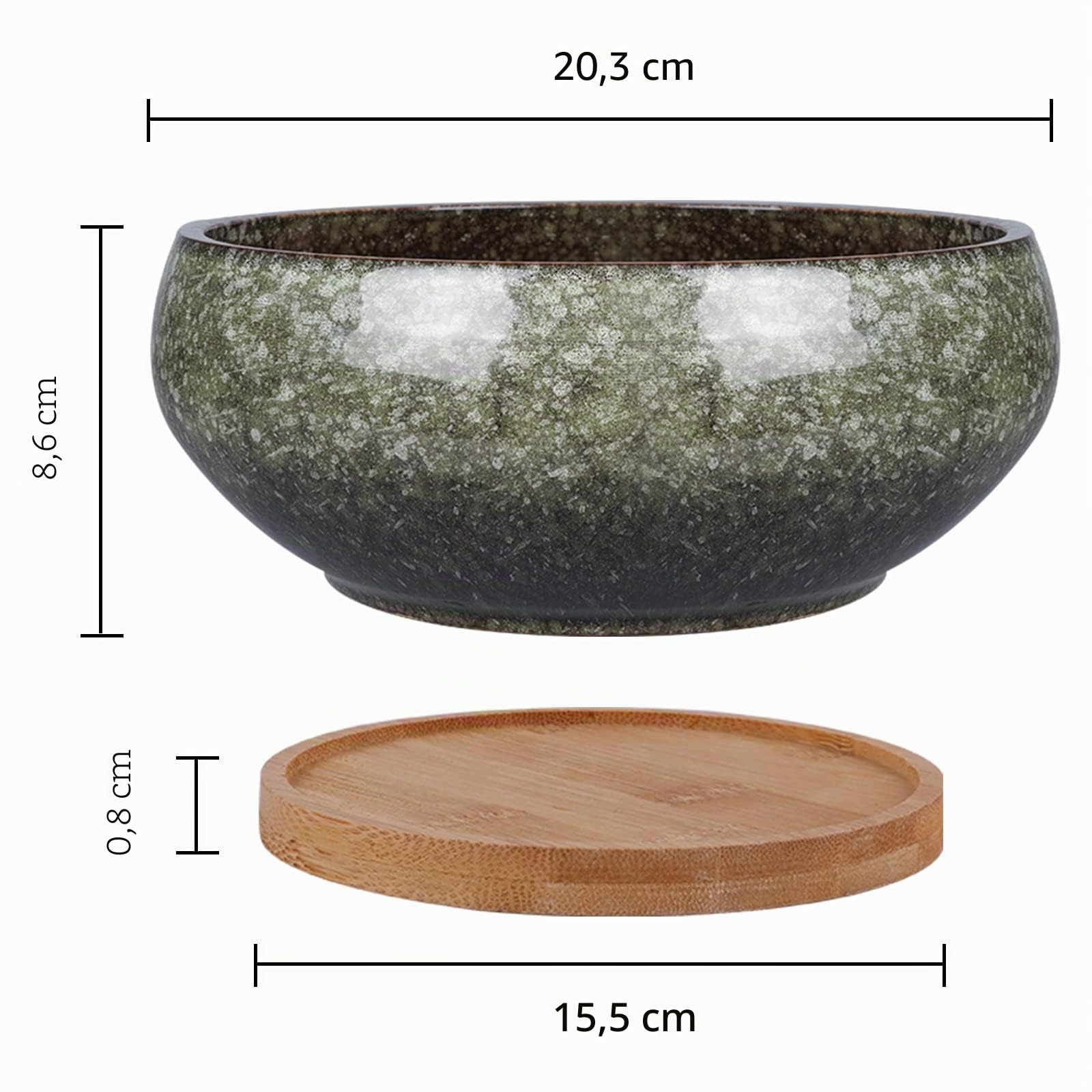 Vaso per bonsai in ceramica, 20 cm, smaltato, poco profondo, con foro di drenaggio e piattino in bambù, per piante da interno, verde