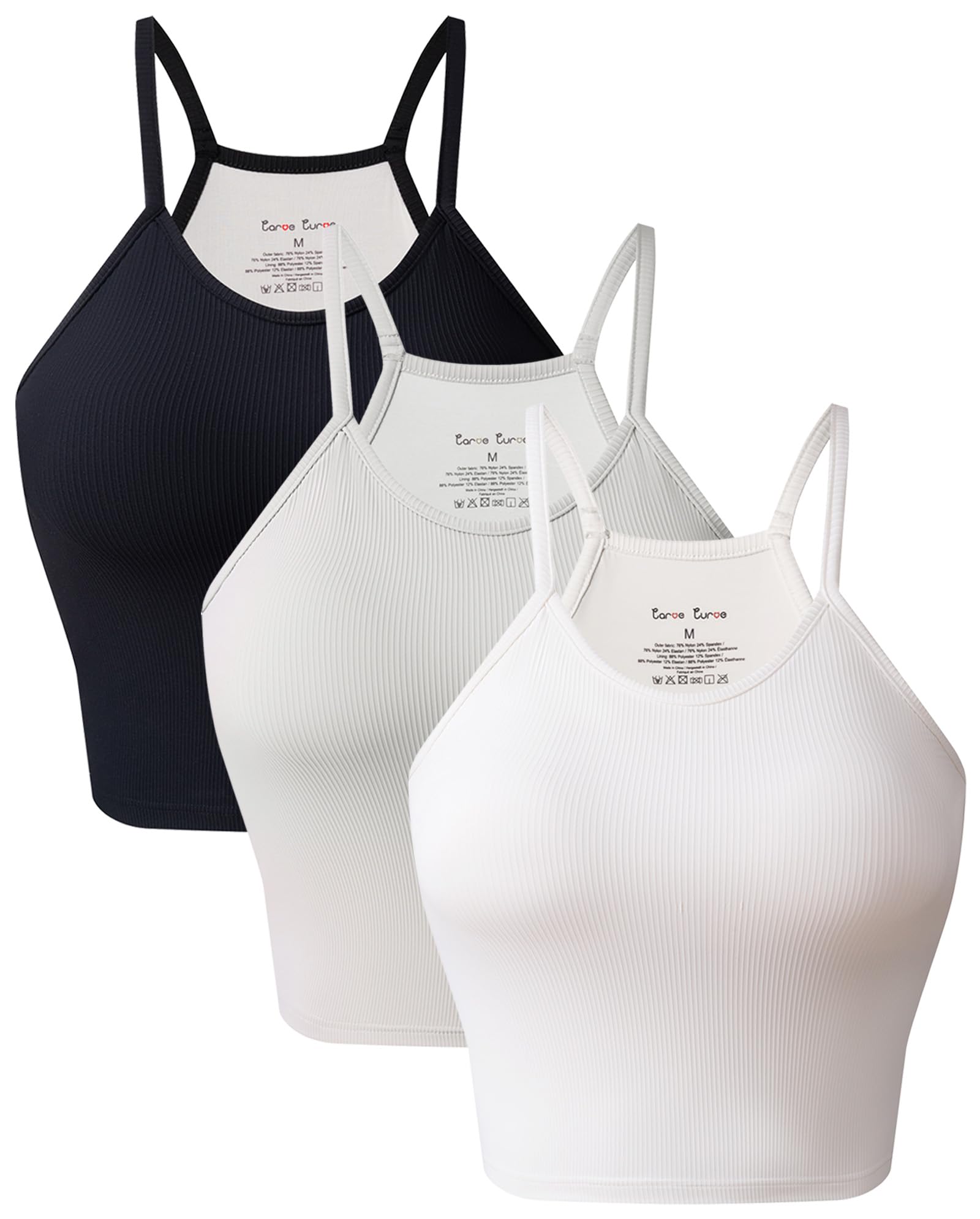 3 Pack White Tank Top for Women Spaghetti Strap Womens Tank Tops with Built in Bras Crop Tops