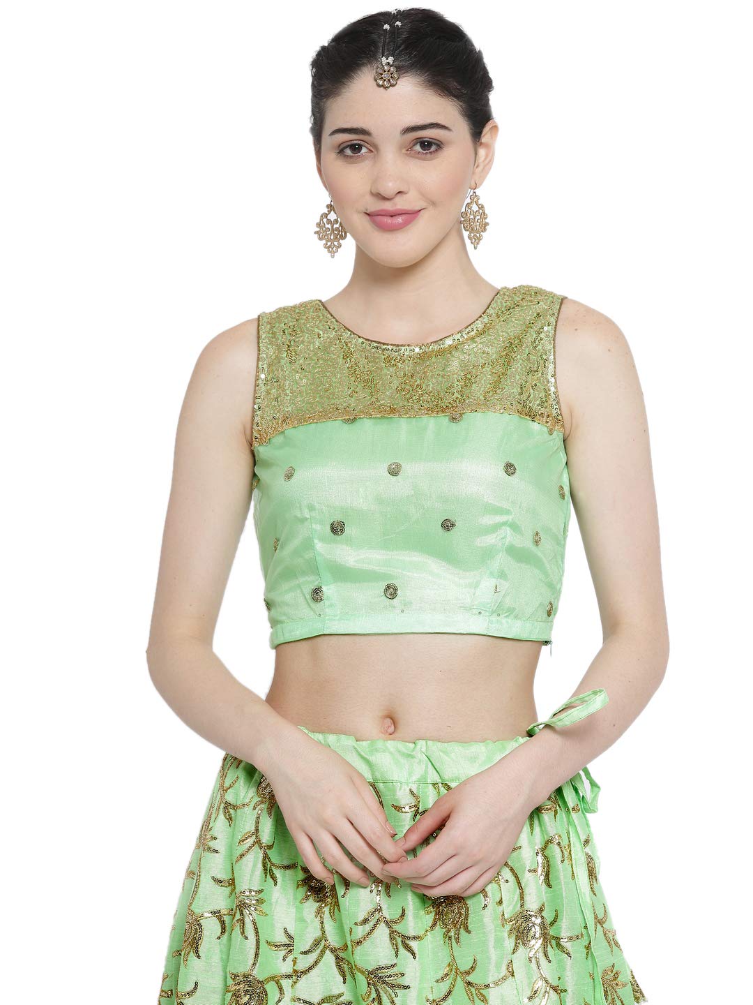 studio rasaWomen Net Sequins Embroidered Yoke Crop Top (TPWC419142-143)