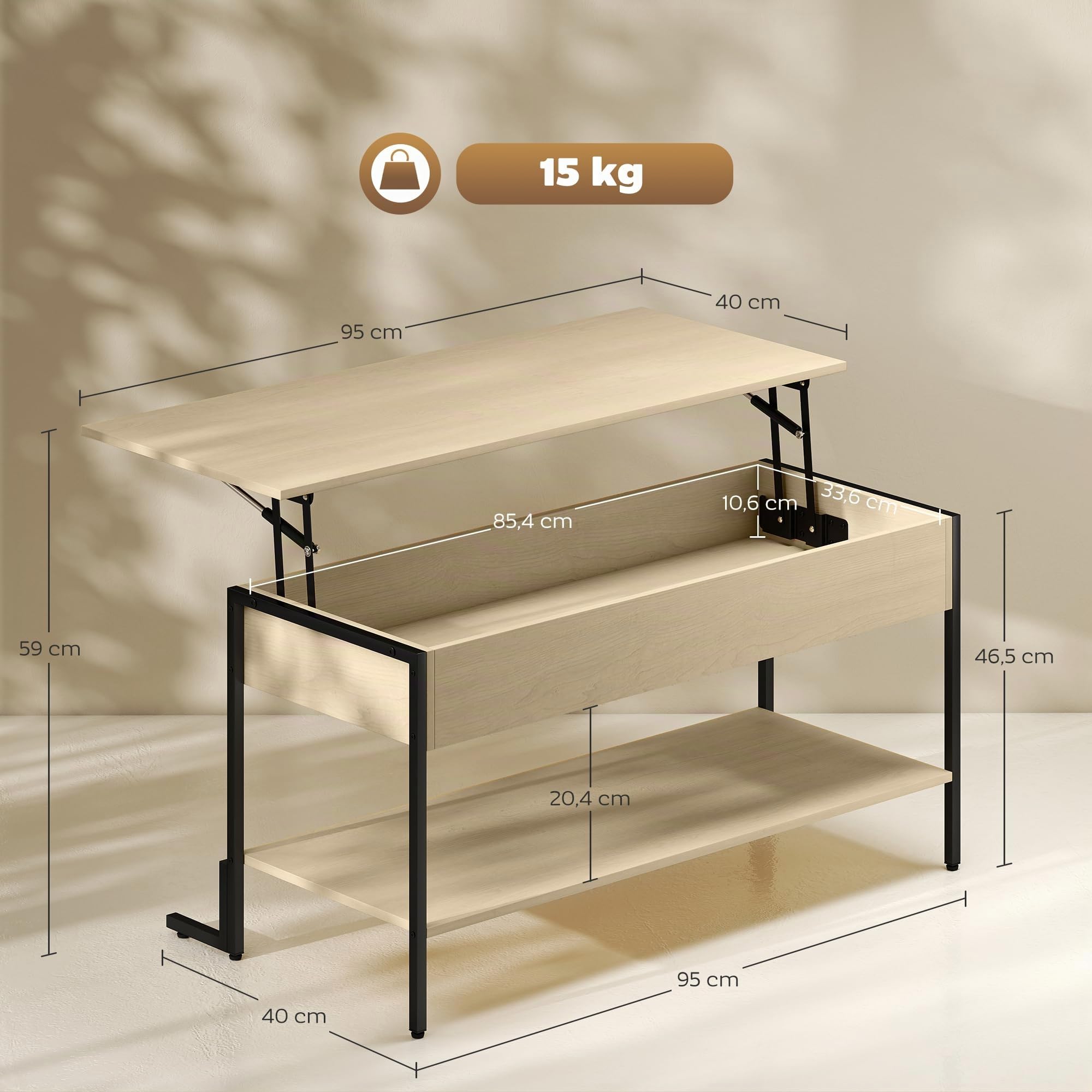 HOMCOM Table Basse avec Plateau relevable, Table de Salon Industrielle avec Compartiment caché et étagère Ouverte, Pieds renforcés en L Stable, pour Salon, Bureau, 95 x 40 x 59 cm, Effet Bois Naturel