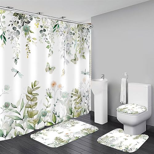 Miniatura 39 de DDQQ Juego de cortinas de ducha de hojas verdes con alfombra antideslizante, cubierta para tapa de inodoro y tapete de baño, juego de cortinas