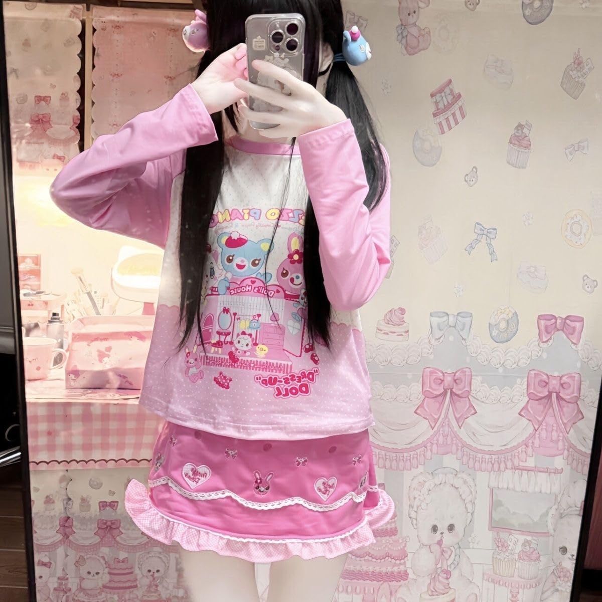 Sweet Crop Top Cartoon Print Harajuku Contrast Color T-Shirt Women Y2k Aesthetic Slim Ruffled Tee - Image 2