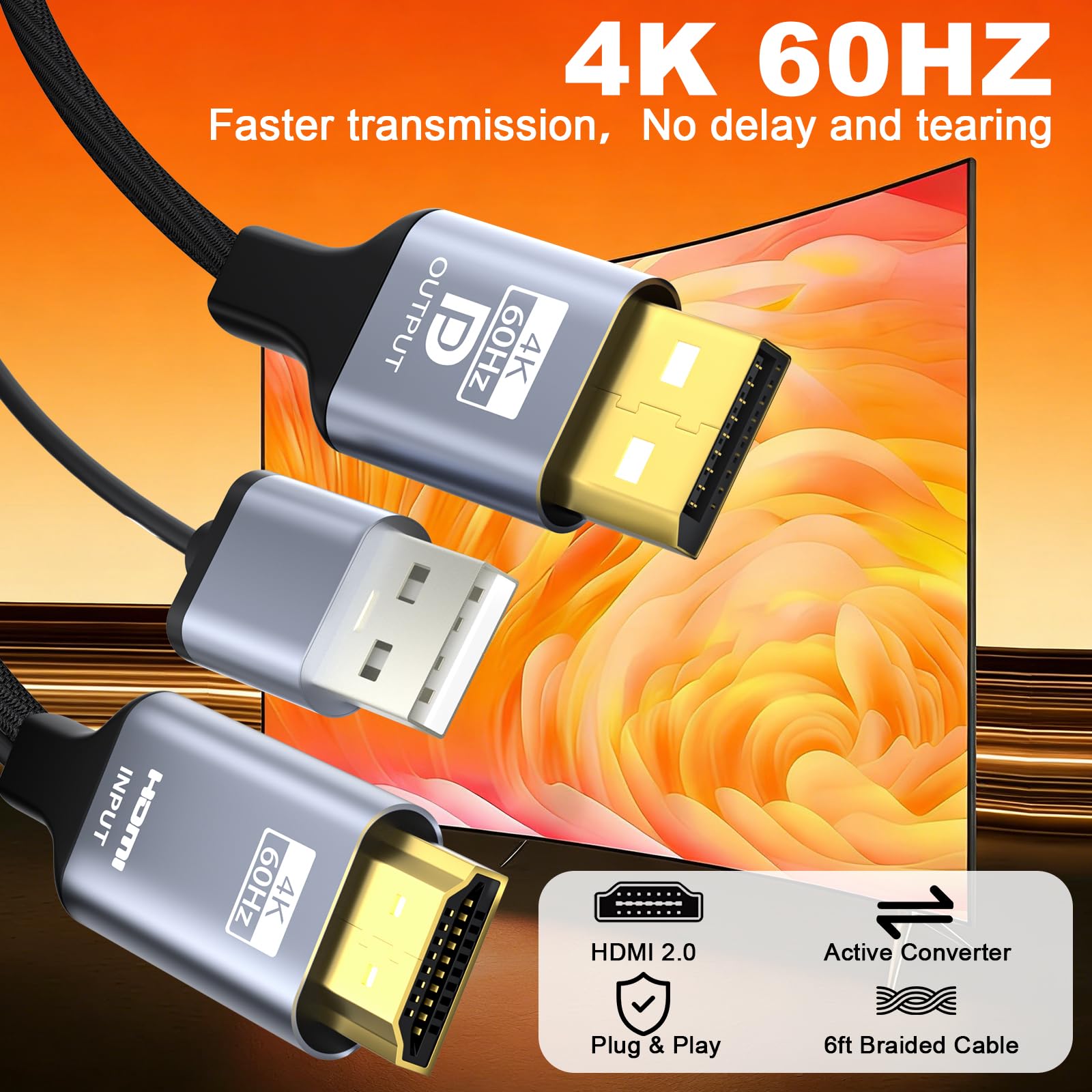 Adaptateur HDMI vers DisplayPort, 1,8 m actif 4K @ 60 Hz, câble tressé HDMI vers DP unidirectionnel HDMI vers DP avec alimentation USB pour PS5, Xbox Series X/S, Switch, PC, ordinateur