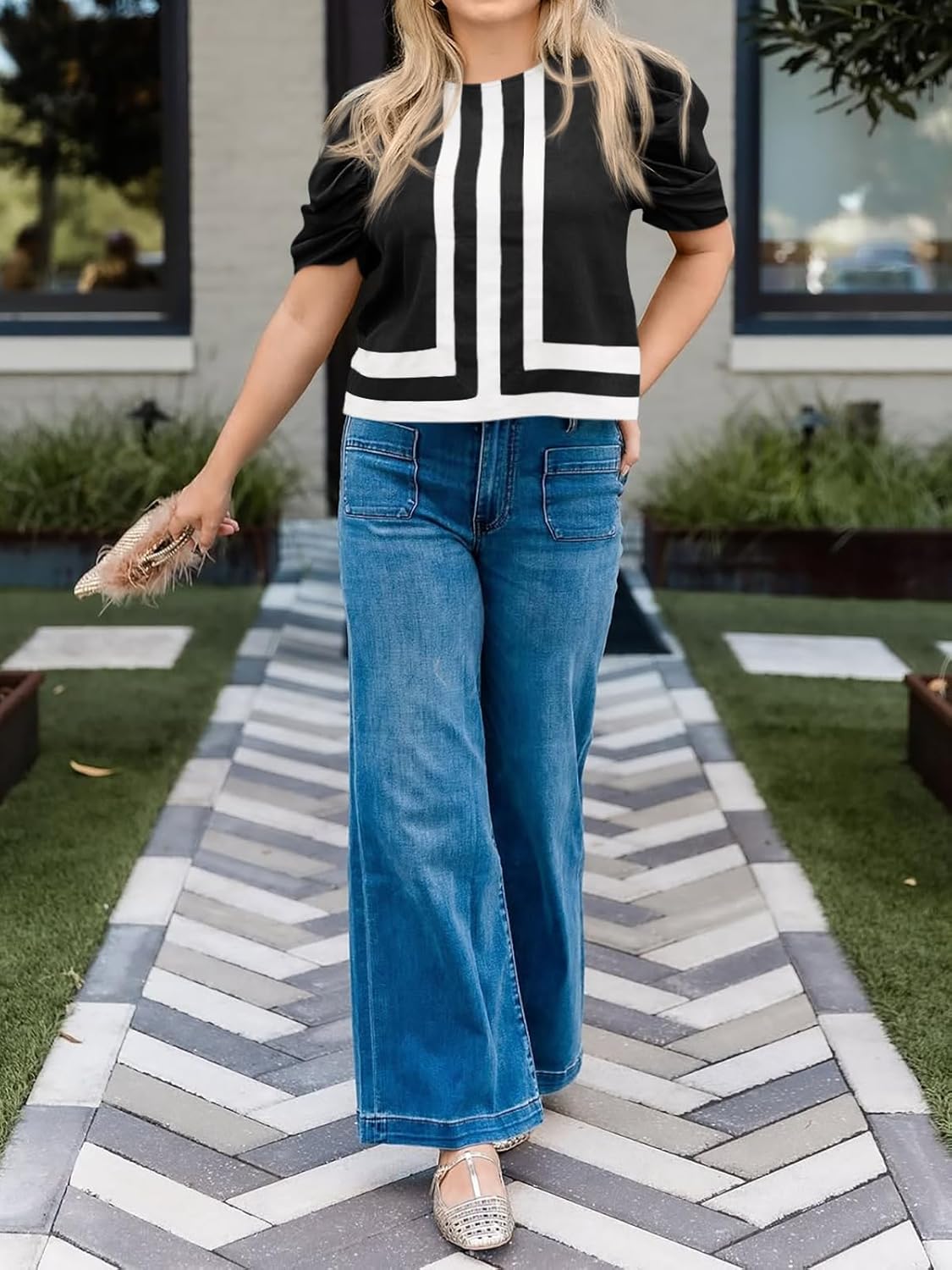 Cicy Bell Womens Summer Puff Sleeve Blouses Striped Color Block Cropped Tops Casual Round Neck Shirts - Image 5