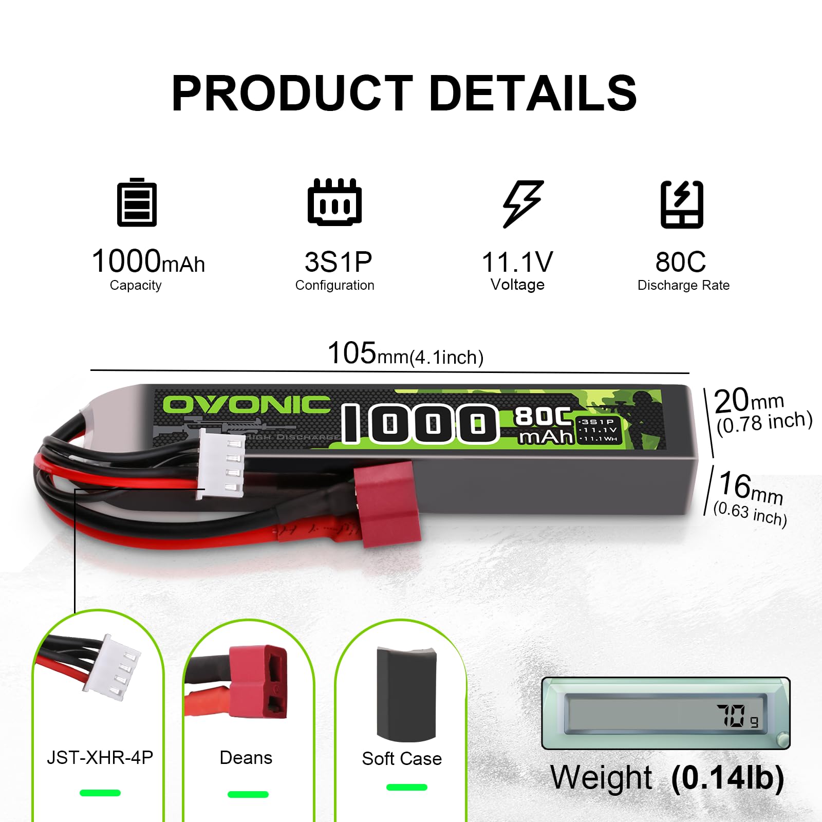 OVONIC 3S Lipo Lot de 2 batteries Lipo 11,1 V 80 C 1000 mAh avec Deans T pour pistolets Airsoft