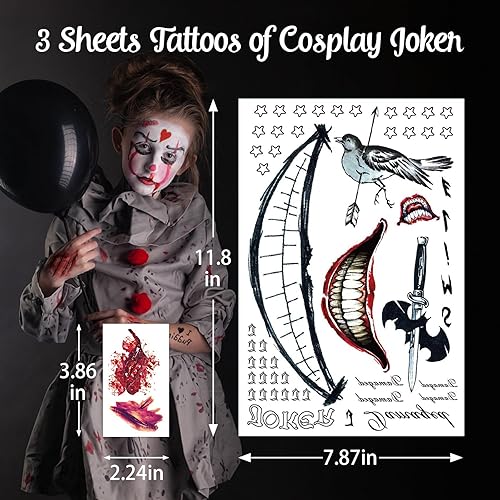 Miniatura 8 de 13 hojas de tatuajes temporales HQ de Joker para hombres y mujeres, escuadrón suicida, tatuajes temporales falsos de Halloween, realistas para