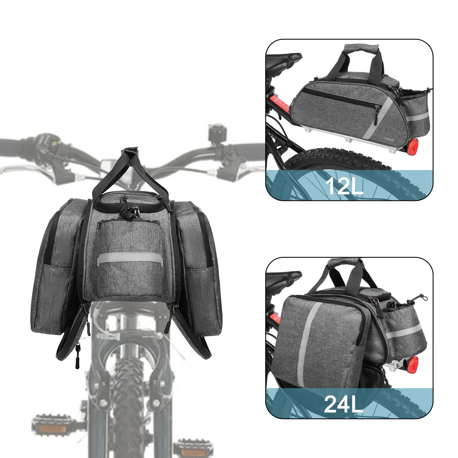MOSISO Sacoche Vélo Arrière Étanché 12L + Poches Latérales 6L – Sac De Selle Réfléchissant, Bandoulière, Porte-Bouteille, Idéal Trajets Quotidiens