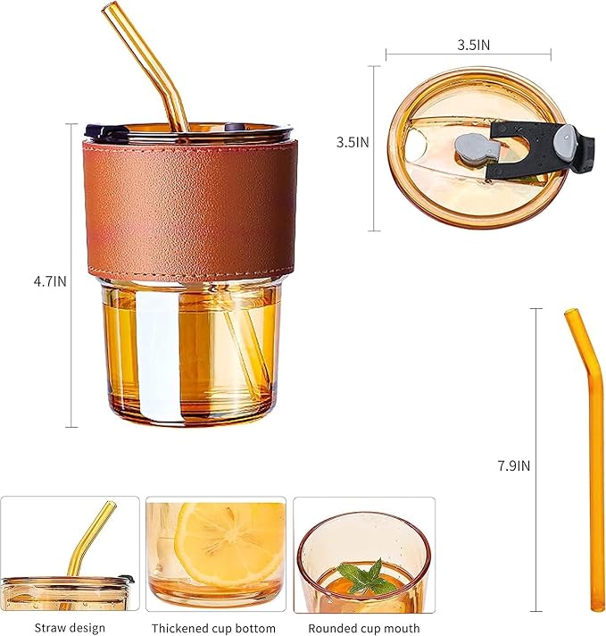 KELVEE Glass Tumbler with Silicone Straw and Lid 435ml, Glass Cup with Leather Sleeve, Glass Coffee Mugs for Straw and Direct Drinking Mouth Dual Use, Summer Travel Essential Bottle (Amber) thumbnail