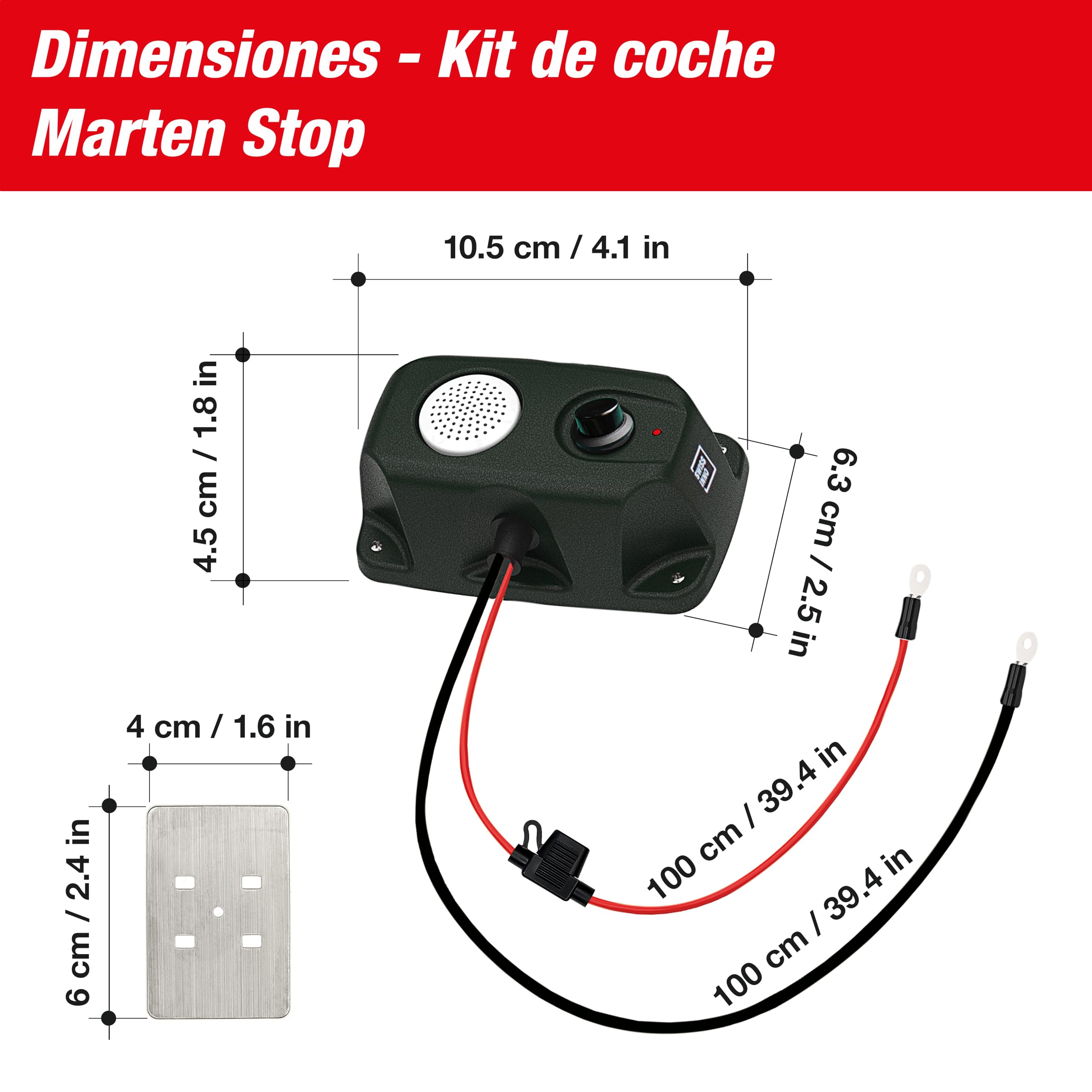 SWISSINNO Repelente para Martas para Coche 12V – Ultrasonido + Descargas Eléctricas – Protección Motor – Placas INOX – Bajo Consumo – Apagado Automático – Calidad Suiza | Anti hechizo, anti roedor, compartimento del motor, garaje, casa, Martres Repeller R