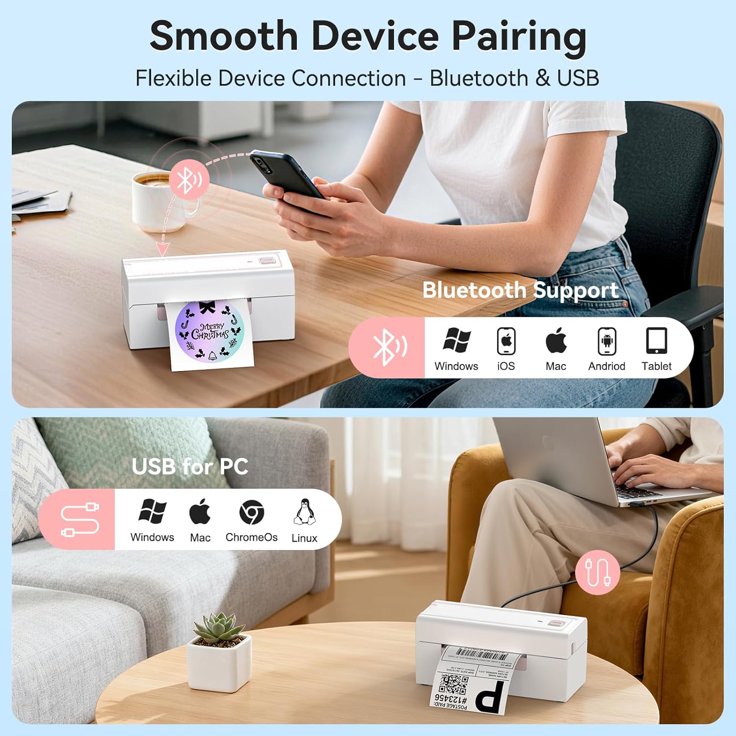 Bluetooth Thermal Label Printer, Wireless 4x6 Shipping Label Printer for Small Business & Shipping Packages, Support iPhone, Android, Windows, macOS, Work for Amazon, Shopify, Etsy, USPS