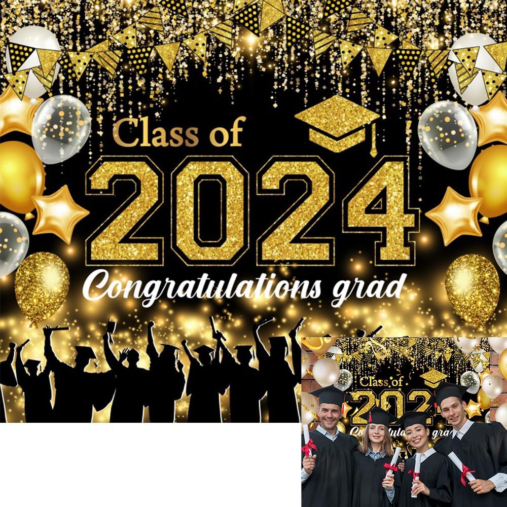 Amazon.com : 2024 Graduation Backdrop Black and Gold Bachelor Cap ...