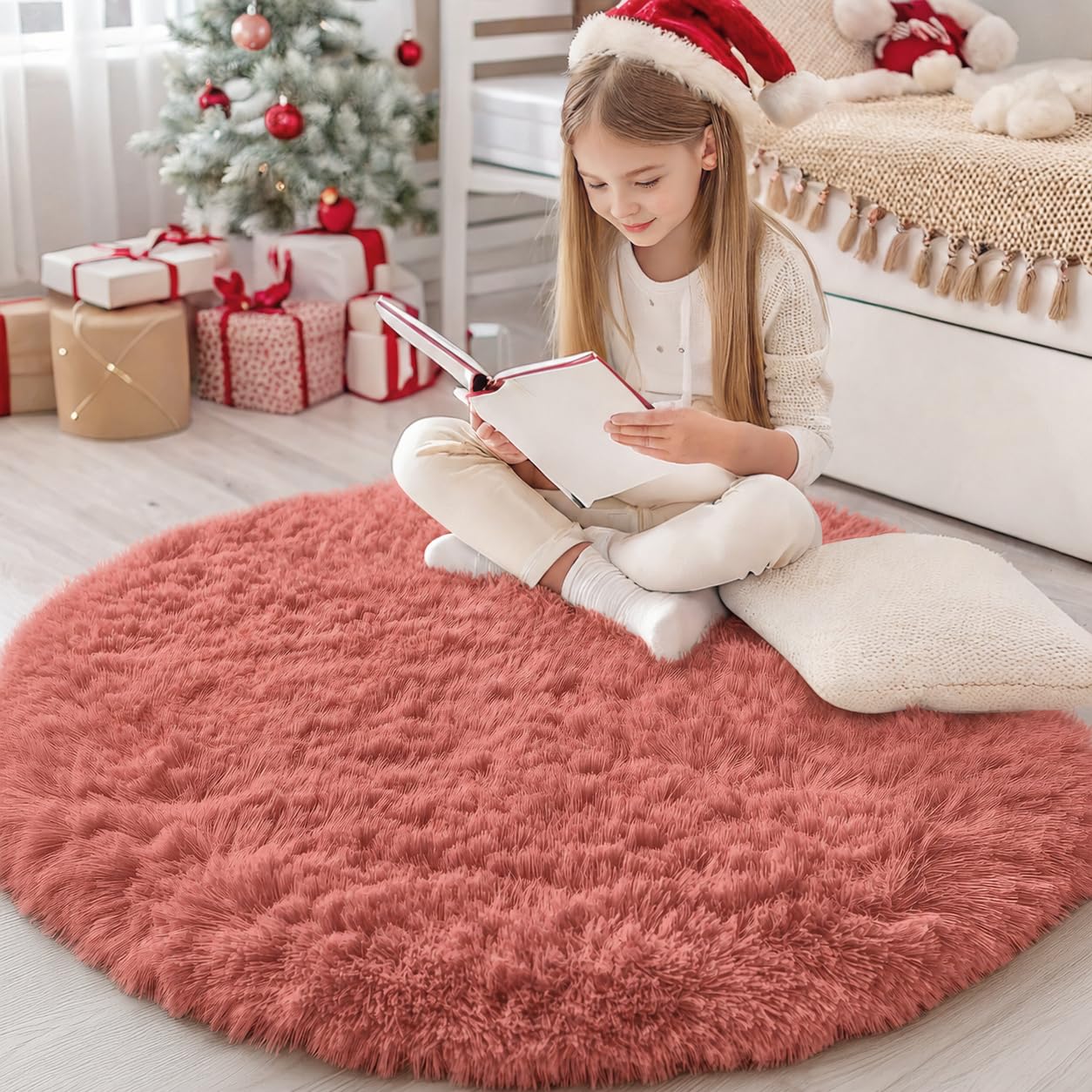 Homaxy Fluffy Shaggy Rugs Living Room, Soft Thick Pile Carpet, Machine Washable Anti Slip Bedside Rug for Kids Bedroom, Nursery - Terracotta, Round 120 cm