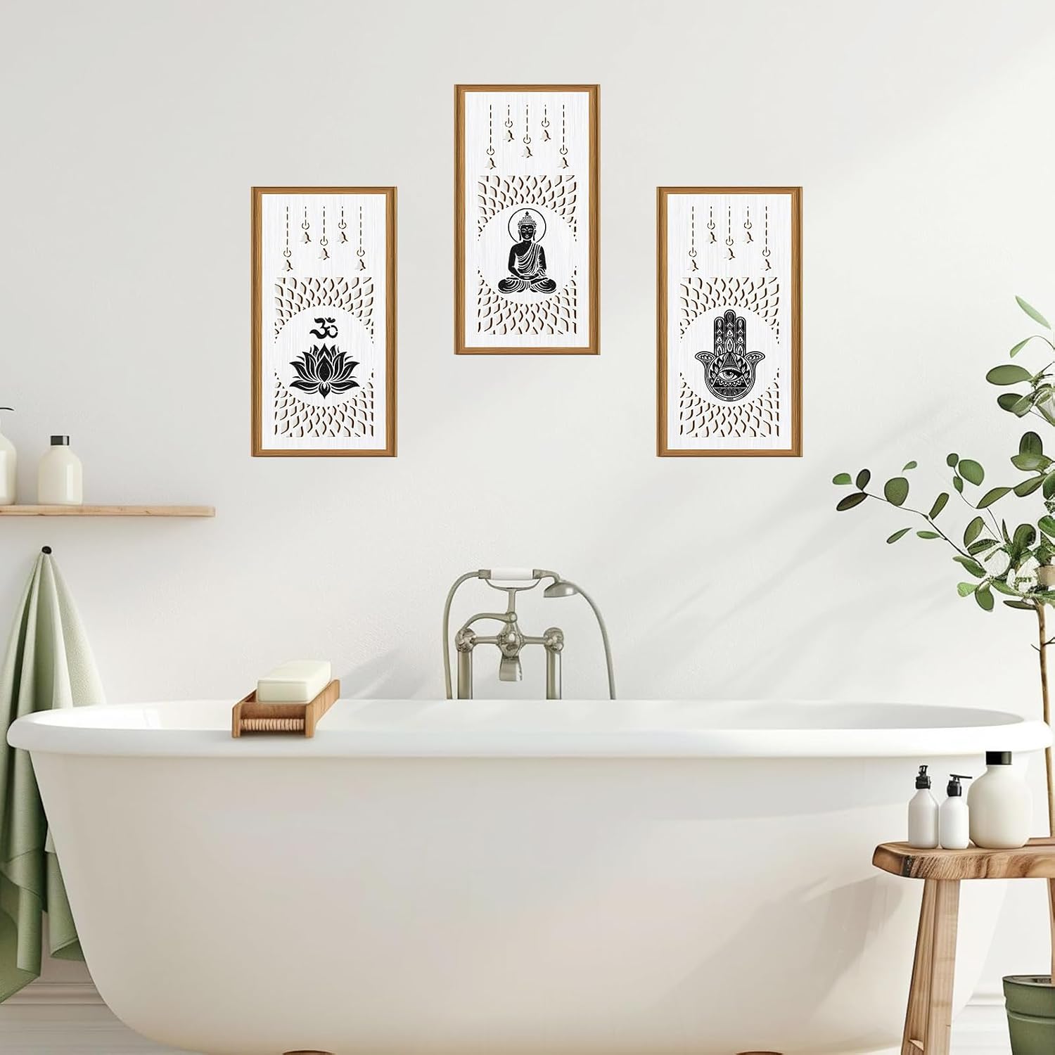 Ausril 3 Pcs Boho Lotus Wall Decor,Abstract Lotus Wood Wall Art Bohemian Yoga Hanging Decor Nature Neutral Artwork Decoration for Farmhouse Bedroom Living Room 7.9 x15.8 Inch