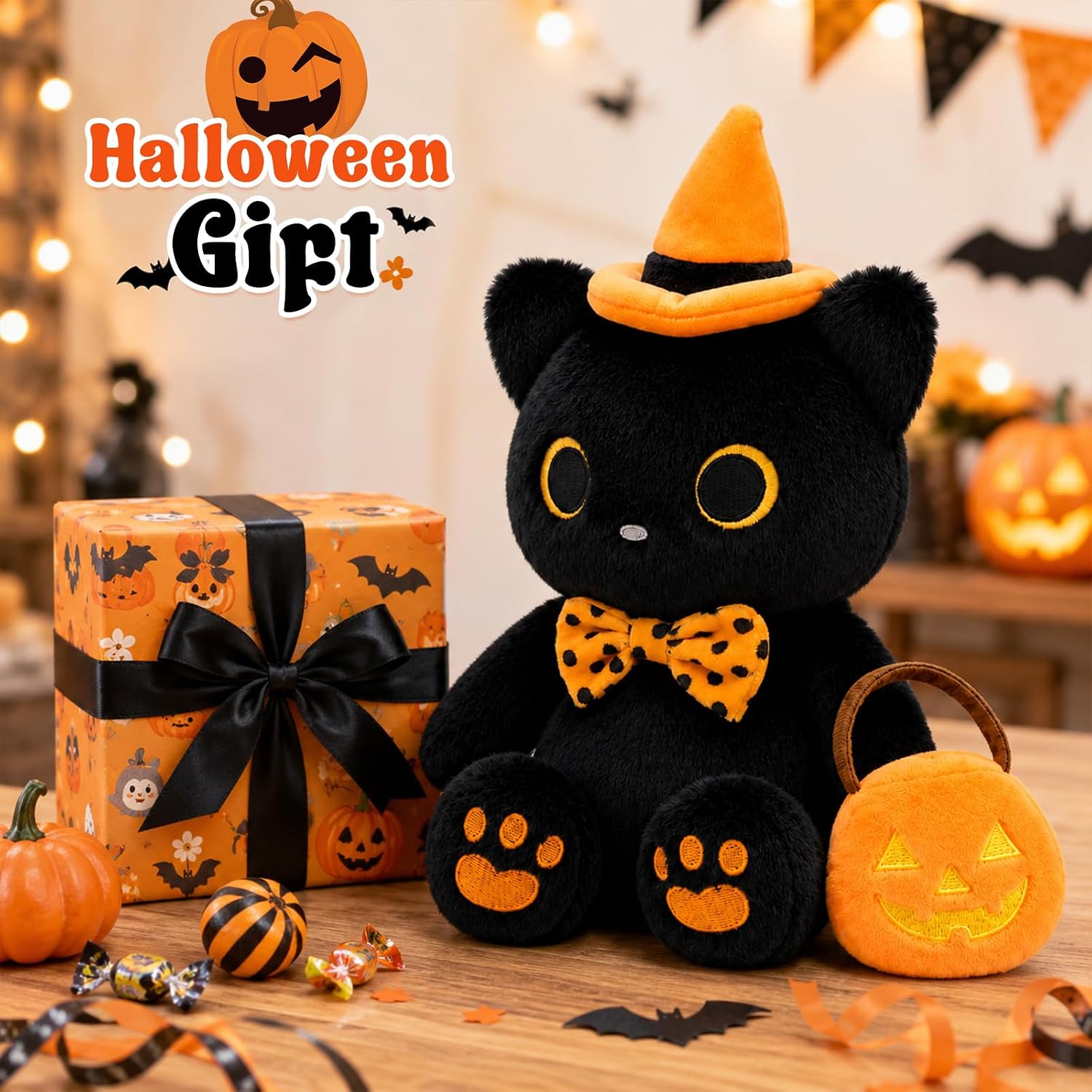 Halloween Stuffed Animal,Black Cat Plush With Pumpkin Bag & Witch Hat image 5