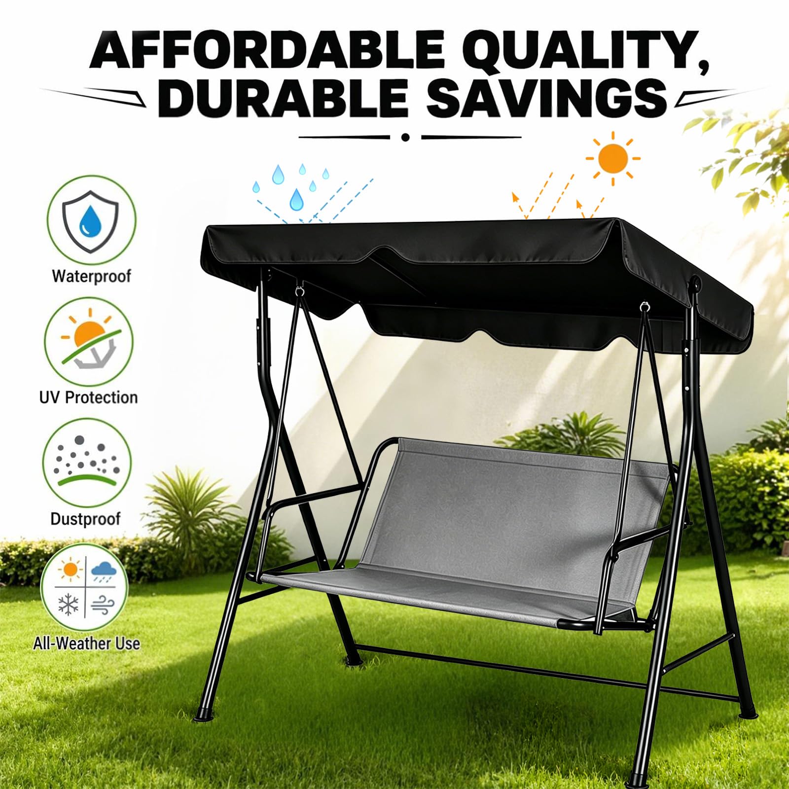 Hollywoodschaukel Ersatzbezug Sitzbezug 900D Oxford Stoff Wasserdicht für 2 3 Sitzer Schaukelauflage Bezug Austauschbar Strapazierfähig für Garten Terrasse (Grau, 115 x 48 x 48 CM)
