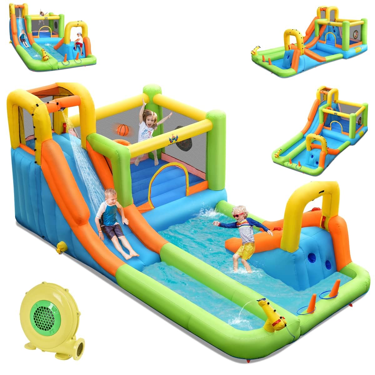 COSTWAY Château Gonflable 8 en 1 avec 2 Toboggans, Parc Aquatique avec Maison de Saut, Mur d'escalade, Panier de Basket, Sac de Transport, Charge 135kg pour 3 Enfants de 3-10 Ans