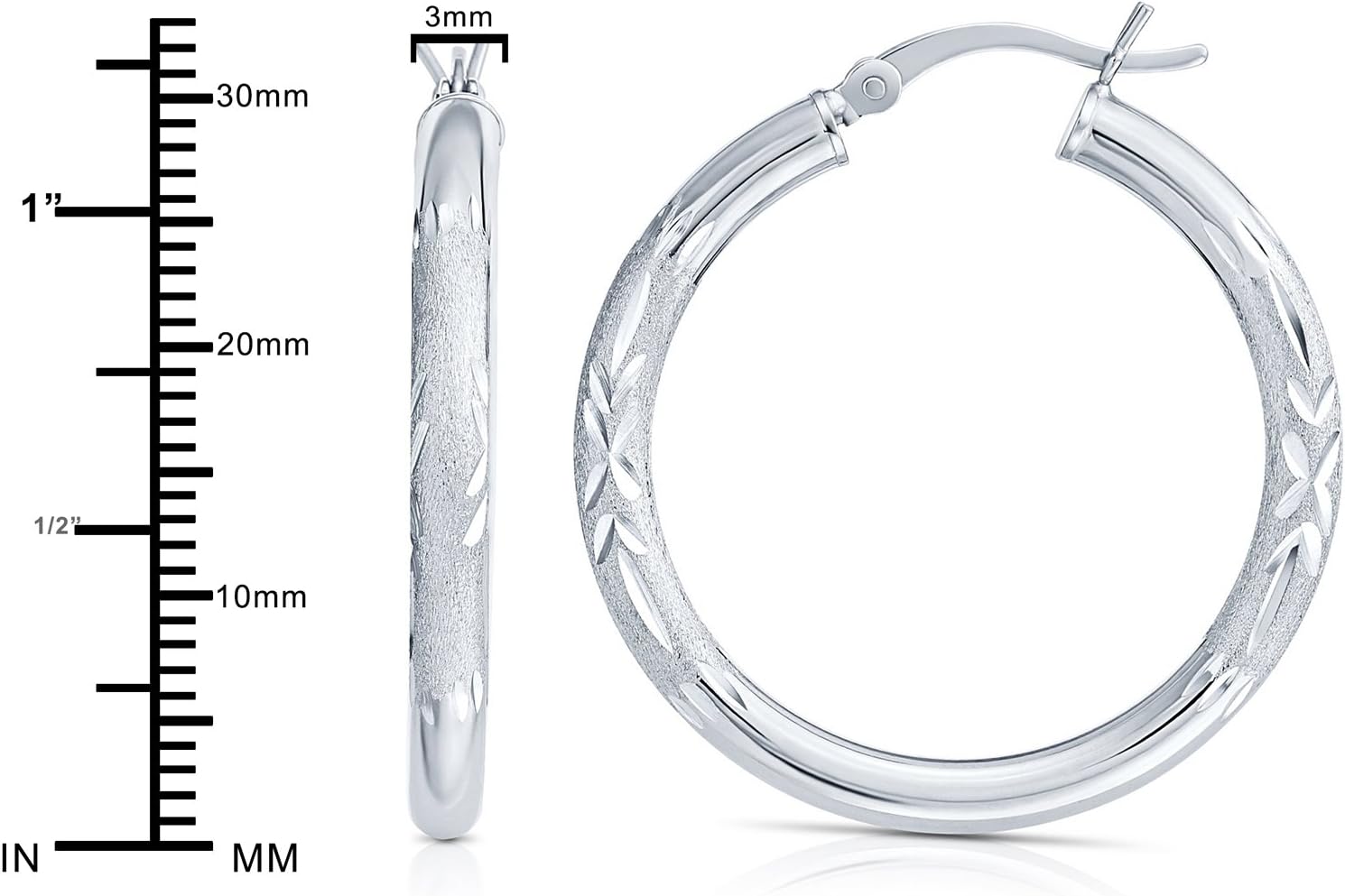 925 Sterling Silver Round Hoop Earrings Polished, Satin and Engraved (1.2" Diameter)