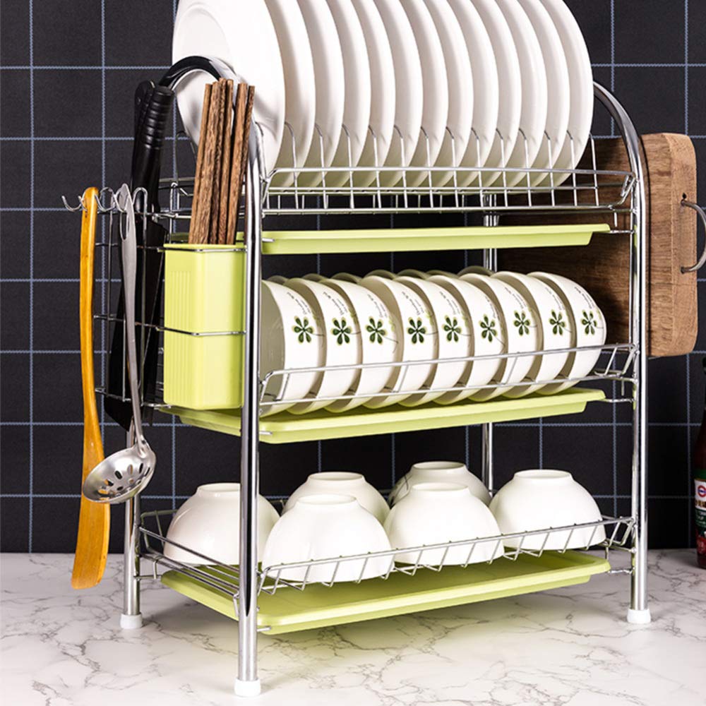 Escurridor de platos de acero inoxidable, organizador de cocina a prueba de óxido con 3 cubos de drenaje para platos, vasos, tazas y cubiertos, estante de secado duradero que ahorra espacio para un