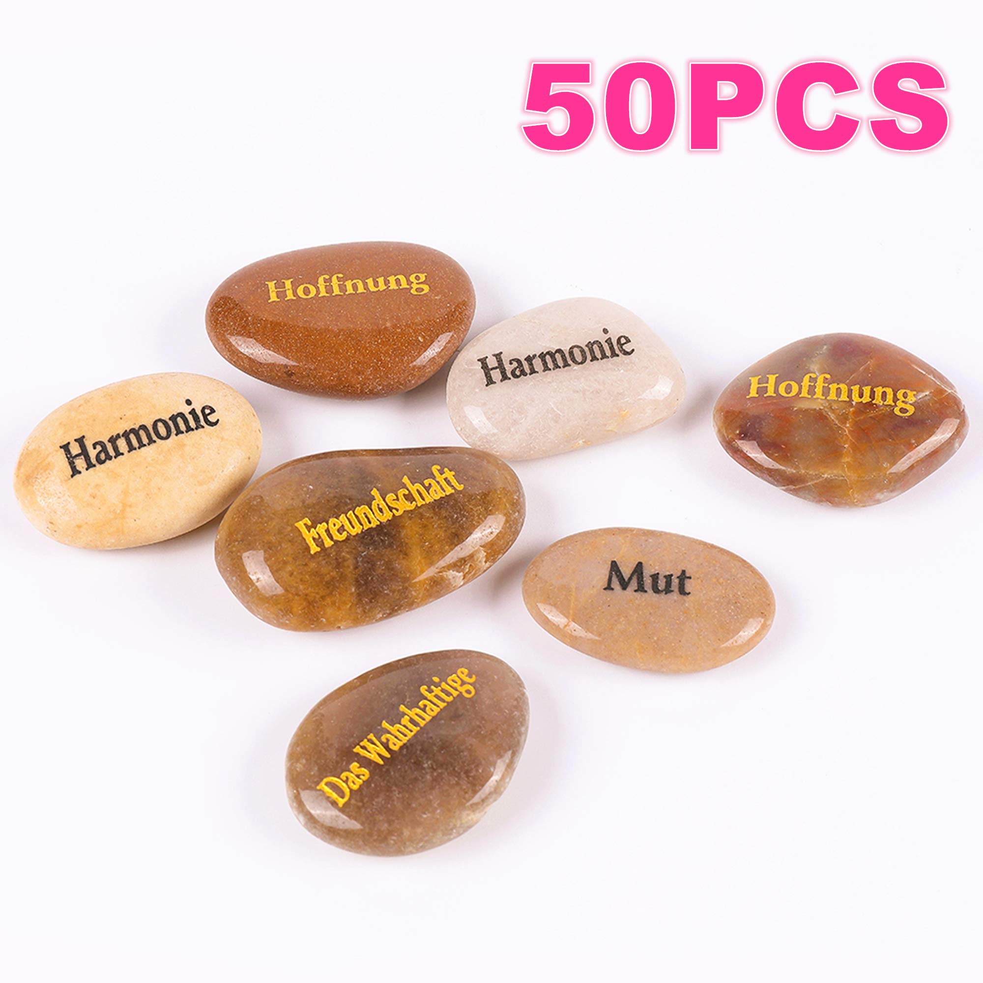 ROCKIMPACT 50 Stück Steine mit Spruch Glück Gravierte Steine Gravur Inspirierende Steine Glücksbringer Ermutigung Dankbarkeit Geschenk Glückssteine (Großhandel, 50 verschiedene Sprüche, je 5-8 cm)