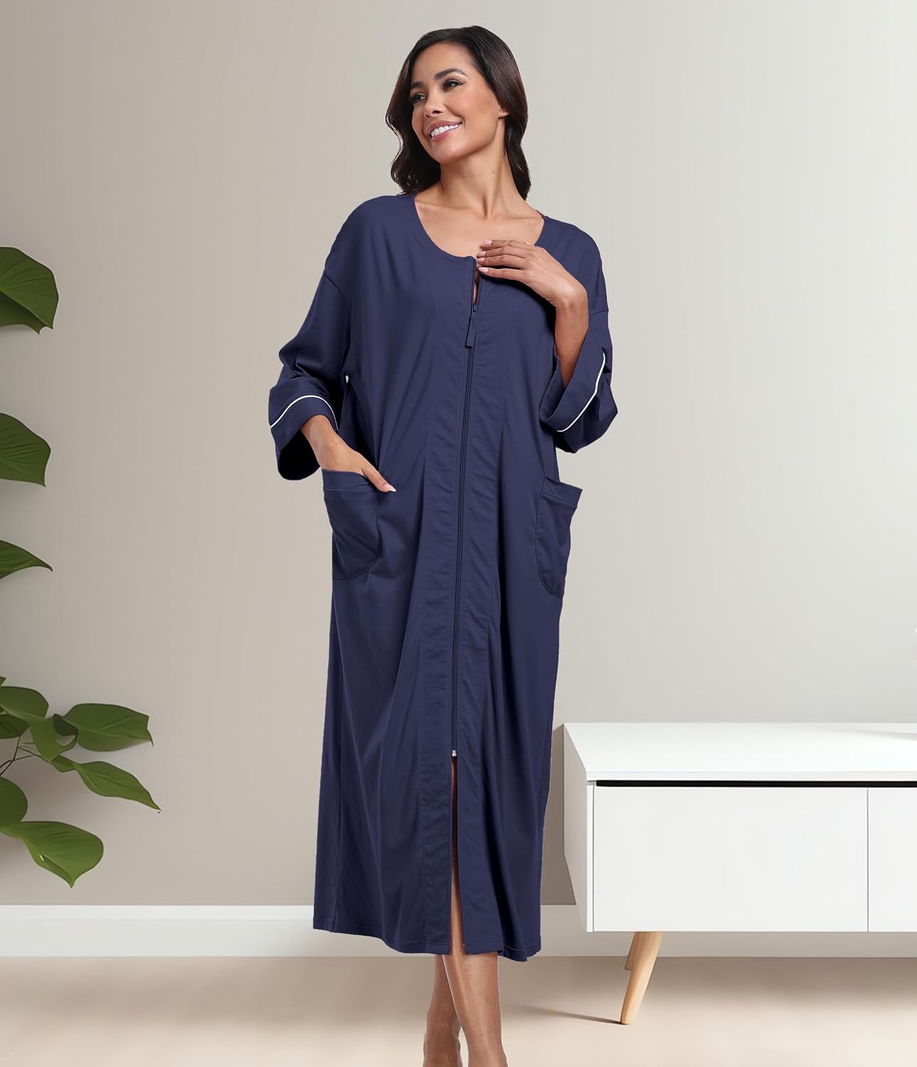 CF Women's 100% Cotton Zipper Robes 3/4 Sleeve House Coat Zip Up Housecoat Warm Full Length Loungewear with Pockets