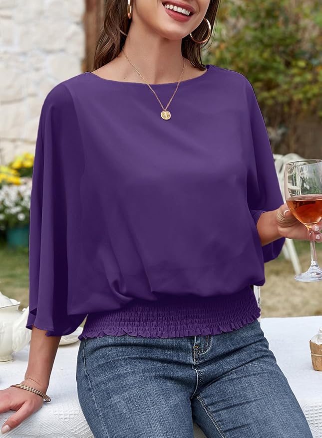 Dokotoo Blouses Boat Neck Batwing Dolman Top