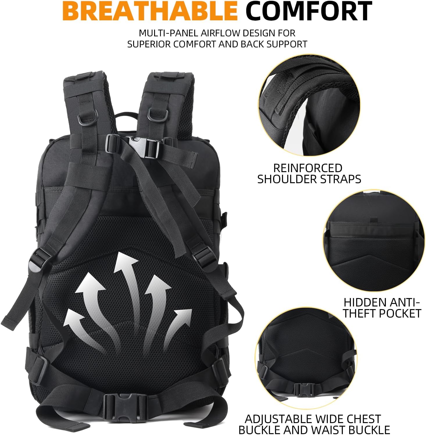 J.SH 25L Military Tactical Backpack GYM Backpack Black Assault Bag Small Travel Backpack for Men and Women with Bottle Holder - 25L Black - Image 4