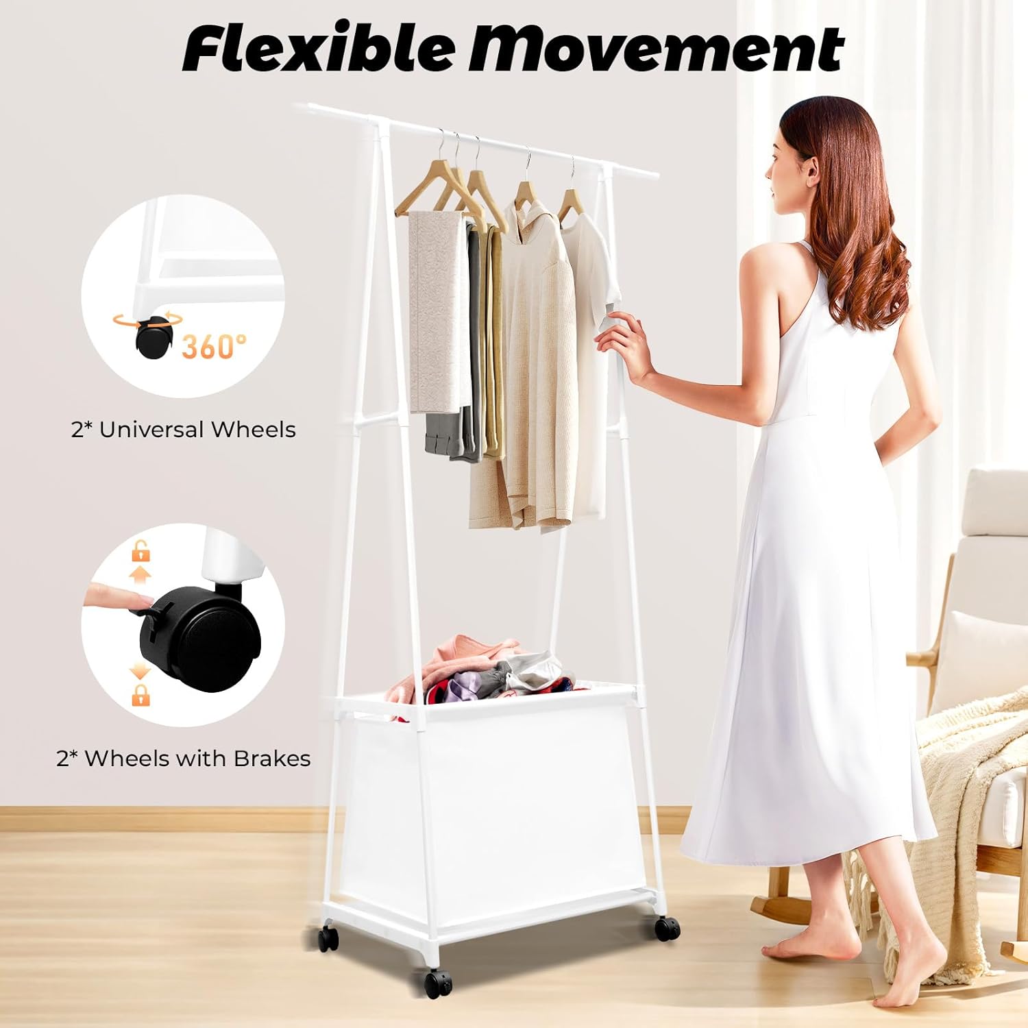 Laundry Cart with Hanging Rack, Fabric Laundry Hamper with Wheels, Small Clothes Rack with Fabric Basket Organizer Clothes Sorter for Hotel Home (21.7" x 16.5" x 63", White)