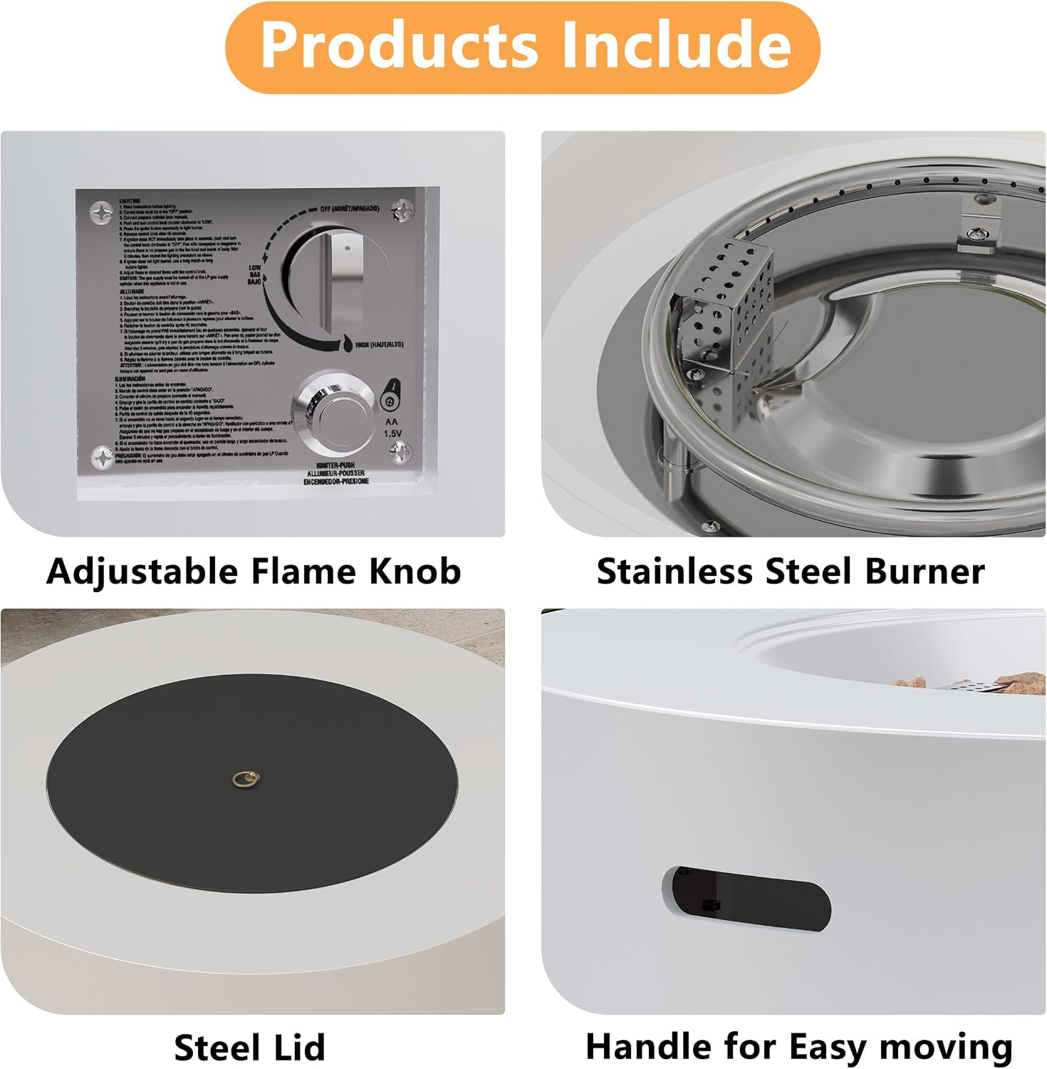 32 inch Round Propane Fire Table, 50,000 BTU Gas FirePit, Patio Fire Pit Table with Steel Lid, Rain Cover, 10ft Propane Hose, Lava Rocks, White