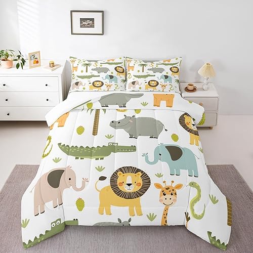 Miniatura 6 de Feelyou Juego de edredón con estampado de animales salvajes para niños, niñas, adolescentes, lindo hipopótamo, cocodrilo, león, juego de ropa de