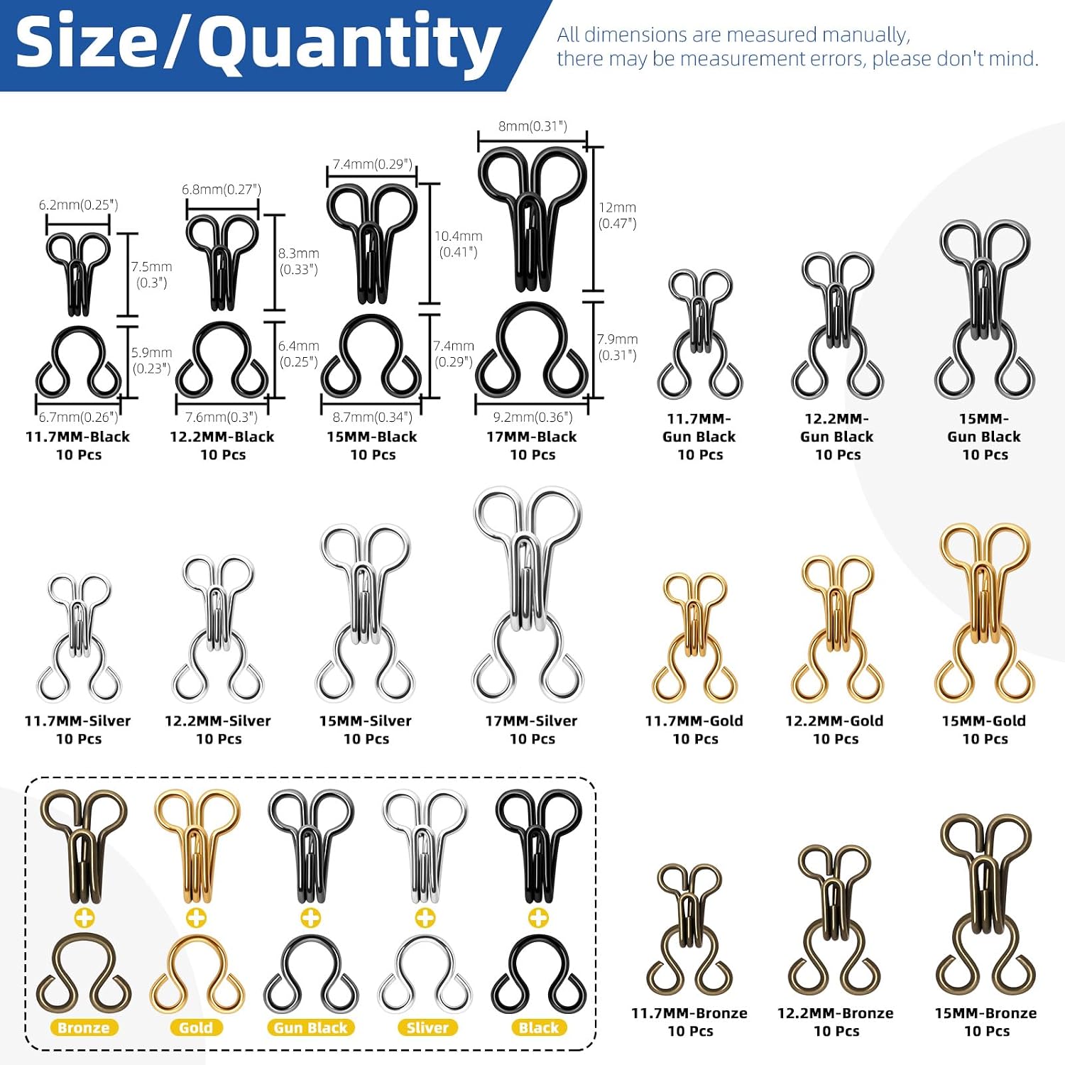 Glarks 170pcs 11.7/12.2/15/17mm Sewing Hooks and Eyes Closure, 5 Colors Neckline Hook and Eyes, Bra Hook Clasps Replacement for DIY Clothing Repairs, Underwear Alteration