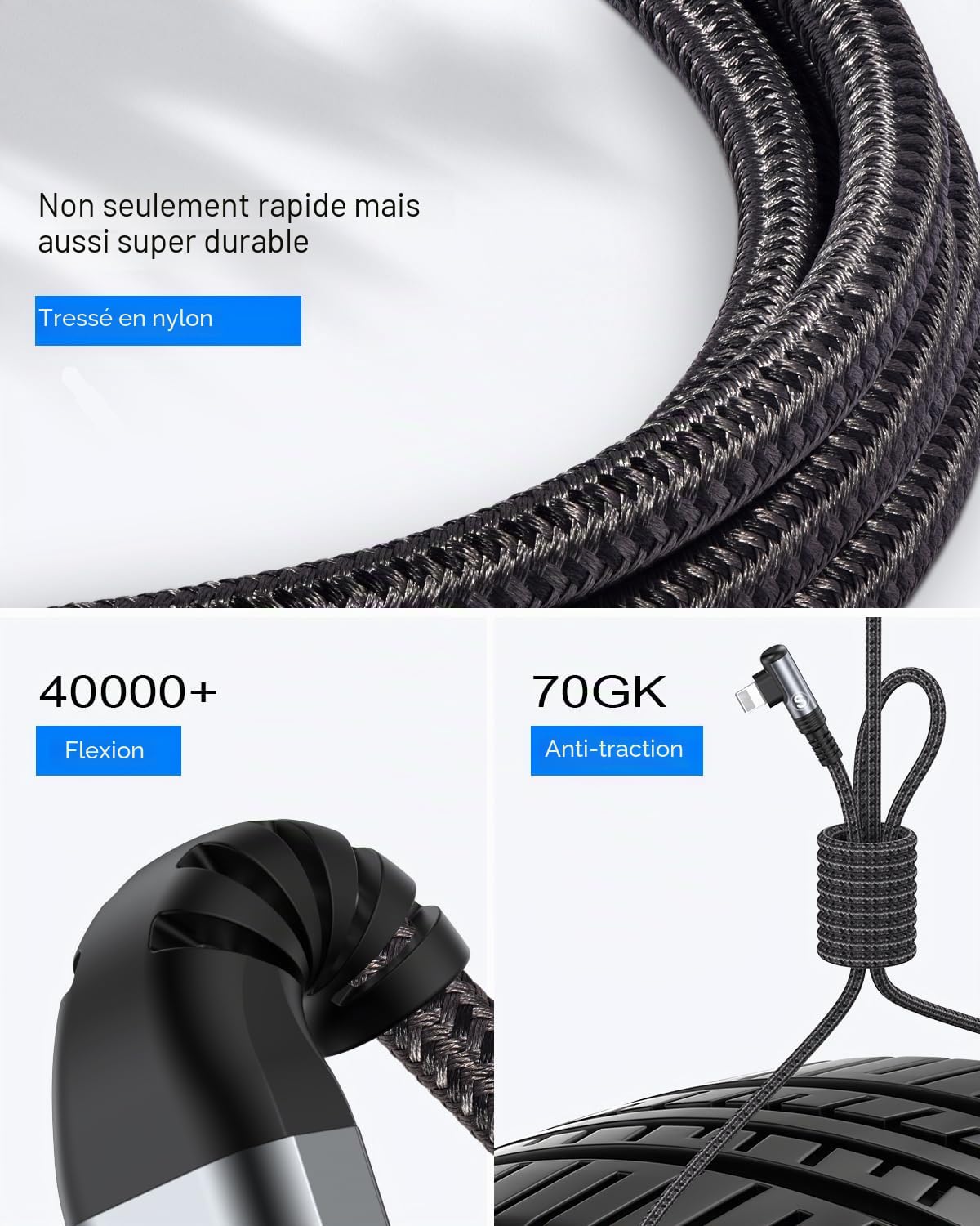 SWECENT Câble i Phone,Coudé 90 Degrés [2m/Lot de 2] cable Chargeur i Phone Nylon Tressé Câble Charge Rapide Compatible avec iPhone 14/13/12/11/Pro/X/XS/XR/8/8 Plus/7/7 Plus/6s/6s Plus/6/6 Plus/SE/5s
