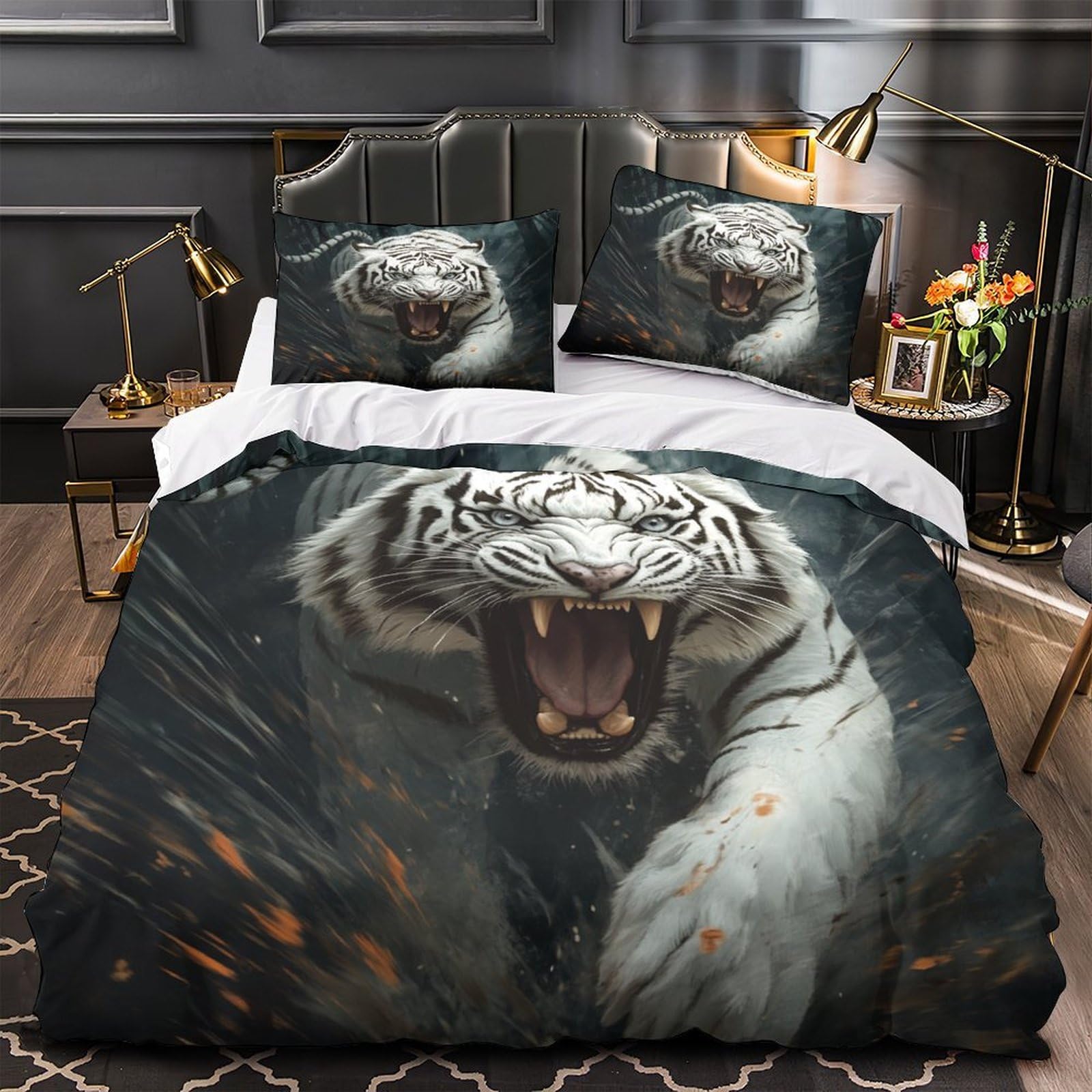 Housse de couette tigre 3D 220x240 cm en microfibre avec 2 taies d'oreiller fantastique