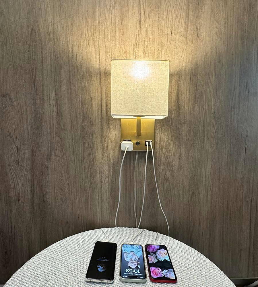 HomeFocus Bedside Wall Light,Wall Lamp,Wall Sconces for Bedside,Gold | Dimmable Wall Lamp Eye-Caring with Dual USB Charging Ports