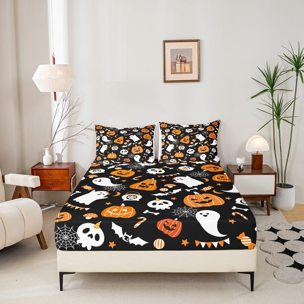 Feelyou Happy Halloween Bed Sheets Set Full Size Kawaii Ghost Printed Deep Pocket Fitted Sheet Pumpkin Bedding Sets Black White Orange Soft Bed Set 4Pcs with 2 Pillow Cases