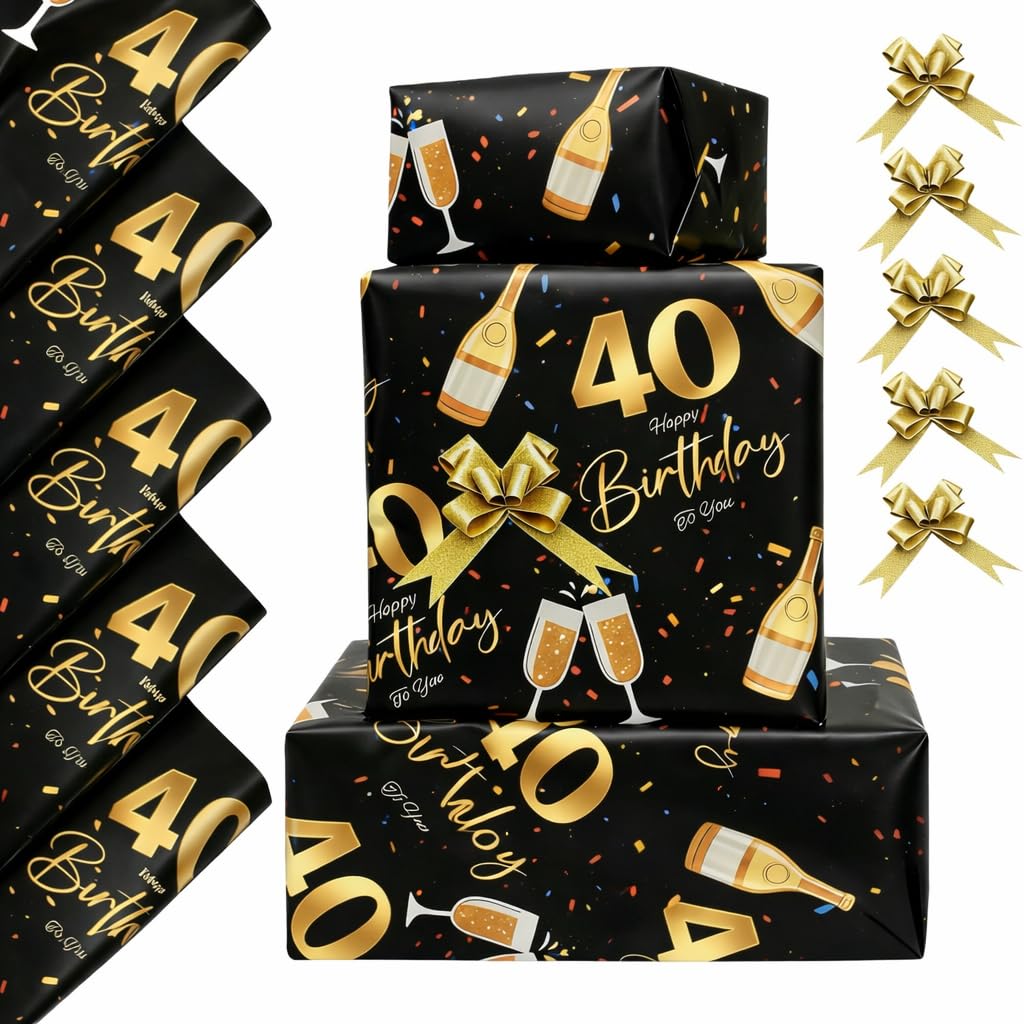 40th Birthday Wrapping Paper-5 Sheets 50x70cm Gold Black Gift Wrap for Men & Women with Pull Bows, 40th Birthday Decorations-Plastic Free & Recyclable