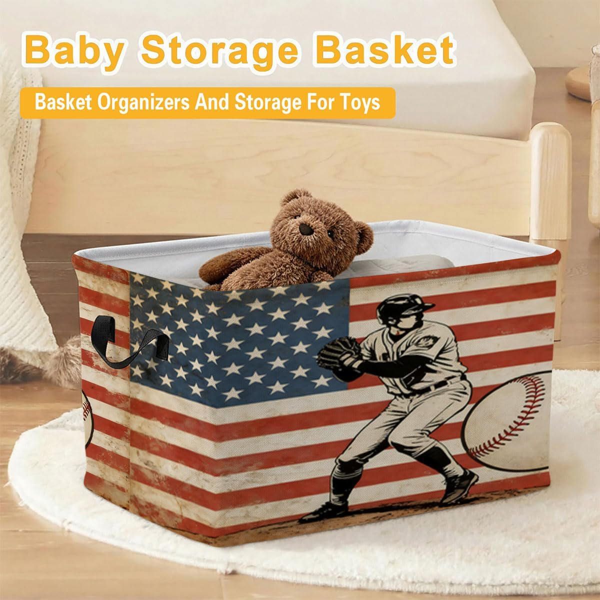 56L American Flag Baseball Rectangular Storage Bin,Laundry Basket Clothes Hamper with Handles,Foldable Blanket Storage Cotton Linen Laundry Hamper with Waterproof PE, Home Decor.