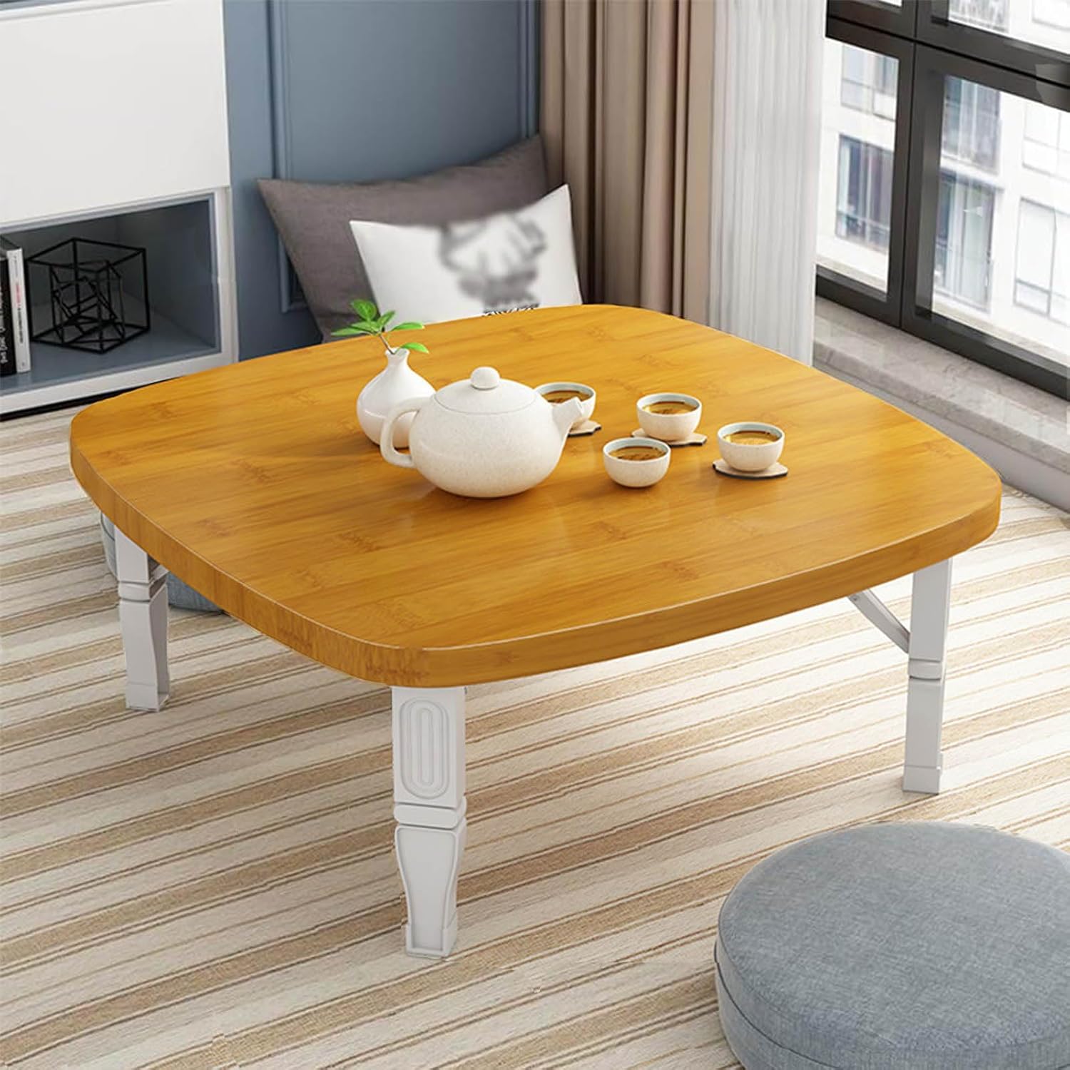 Japanese Portable Wooden Foldable Coffee Table - Low Tea Table for Floor Seating, Outdoor Picnic & Living Room Dining (60x35cm) - Stylish, Space-Saving Design