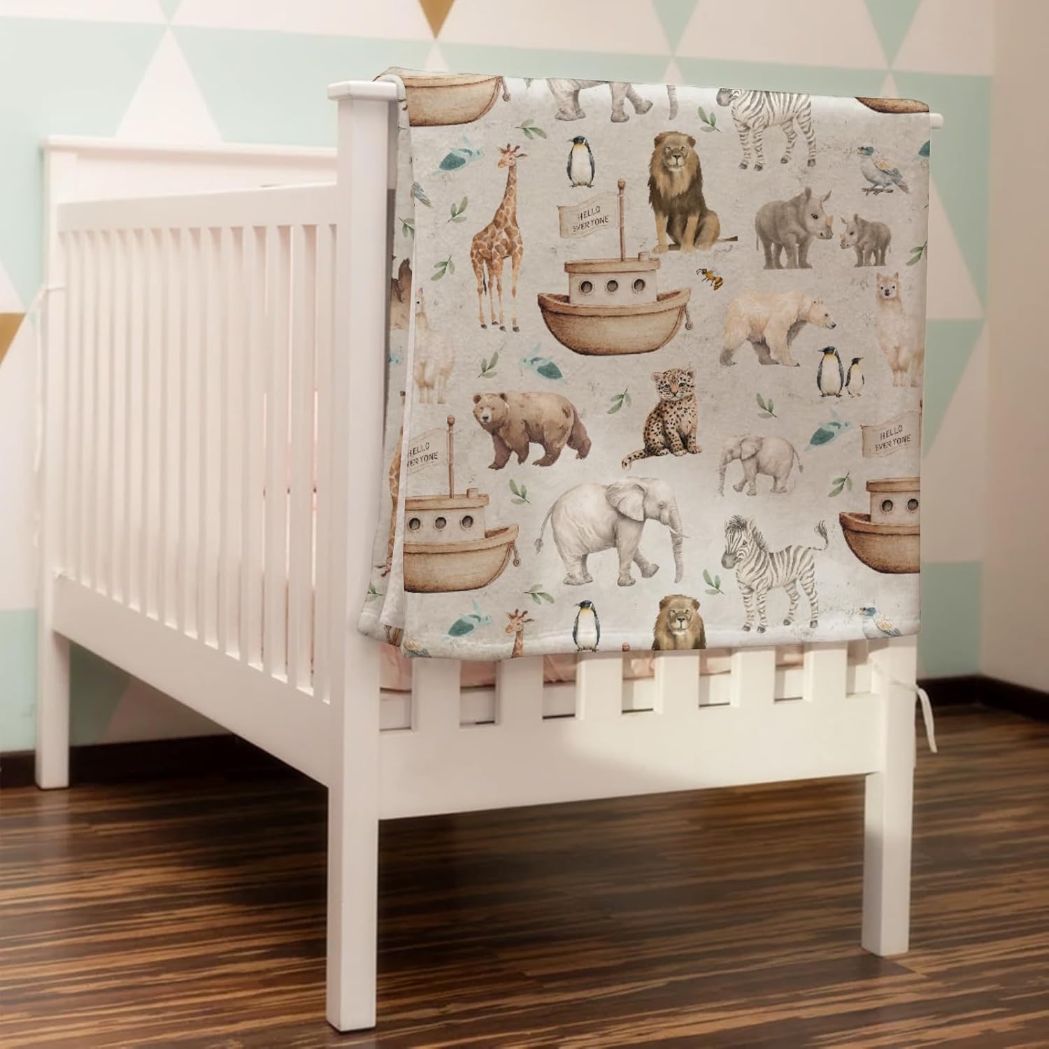 HawSkgFub Noah’s Ark Animal Boat Religious Baby Blankets Boy Girl Shower Gift, Elephant Bear Giraffe Ship Flannel Fleece Nursery Bed Receiving Swaddle, Soft Newborn Infant Toddler Crib Bedding 50 x 60