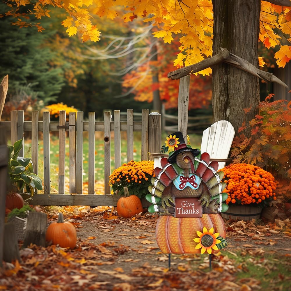 hogardeck Fall Decorations for Home Outdoor, Metal Turkey Decorative Garden Stakes with Pumpkin Sunflower for Fall Decor, Yard Signs for Garden Home Lawn Patio Thanksgiving Decorations